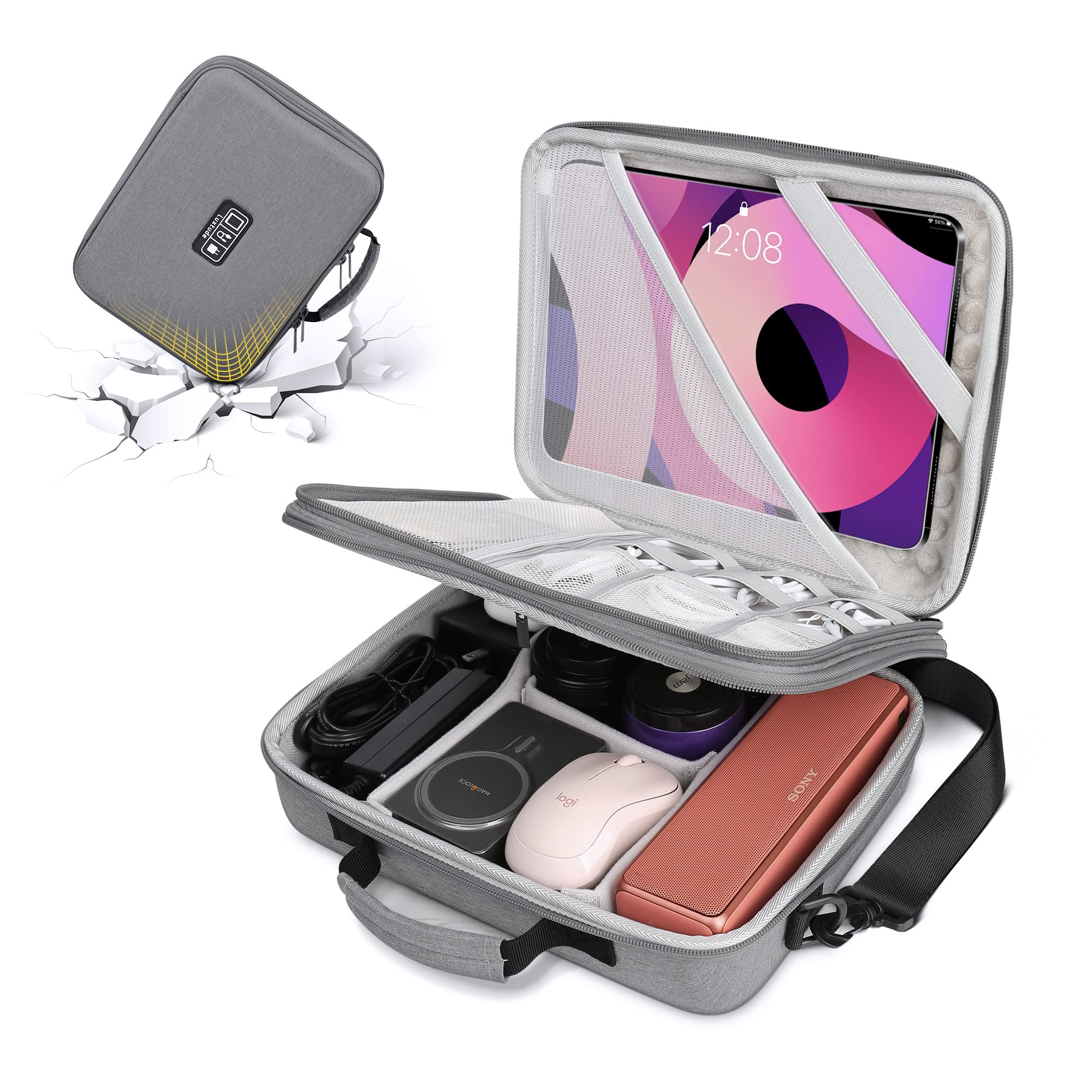 Luxtude Electronics Organizer - Shockproof EVA Hard Travel Case with Adjustable Shoulder Strap | Large Capacity Cable & Charger Storage Bag | Perfect for iPad (Up to 11