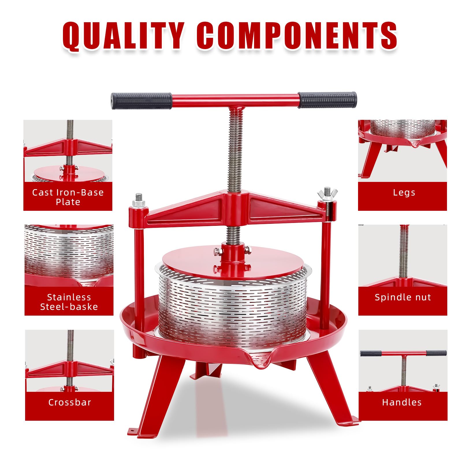 1.32 Gallon Manual Fruit Wine Press with T-Handle - Stainless Steel Apple Cider Press for Home Winemaking, Kitchen & Outdoor Use - Stable Triangular Structure for Juicing Grapes, Berries & Fruits