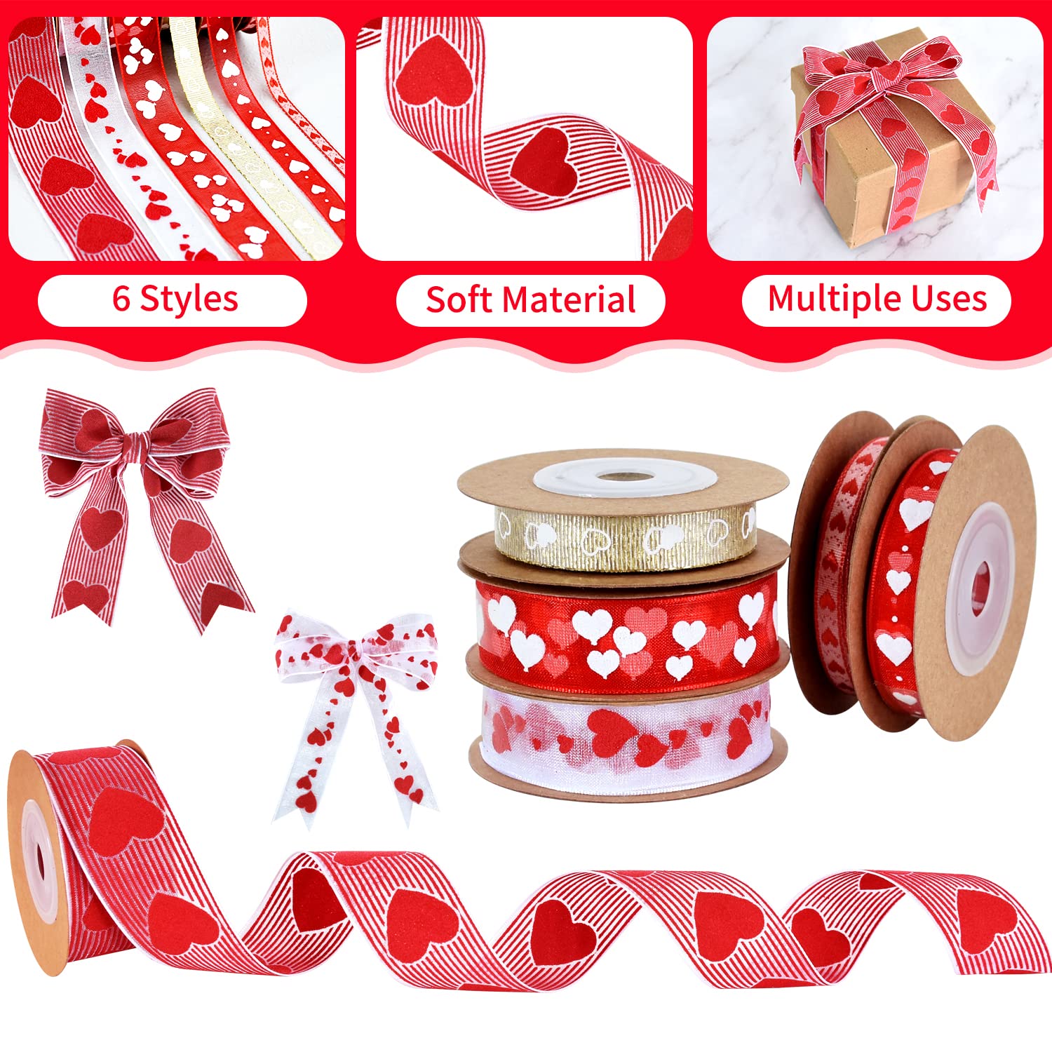 6 Rolls Red Love Heart Ribbon - 33 Yards Red & Pink Grosgrain Organza Ribbon for Gift Wrapping, DIY Crafts, Wedding Decorations, Party Favors, Scrapbooking & Valentine's Day Gifts