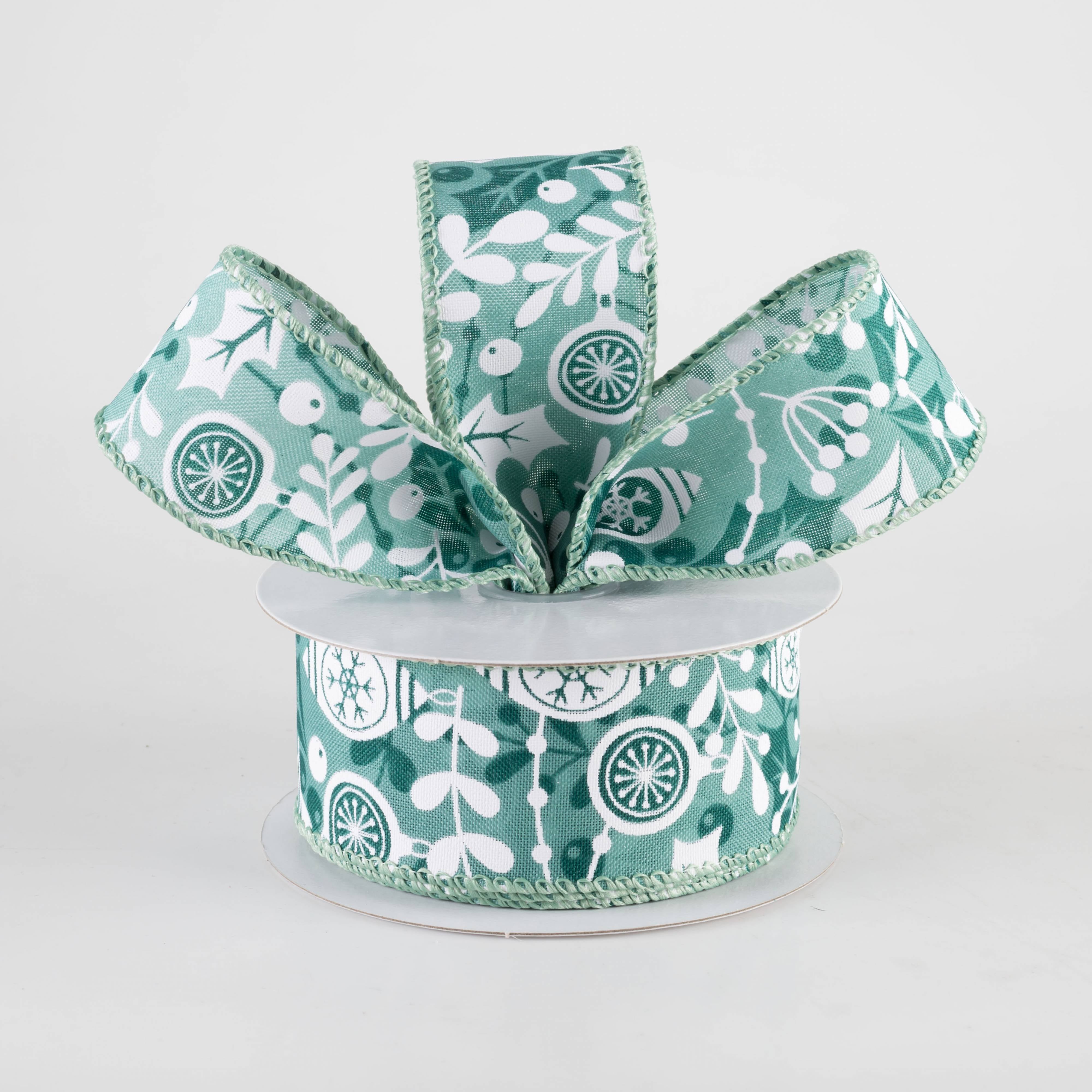 1.5 Inch Overlay Leaves Ornamental Ribbon - Mint Green, Hunter Green & White (10 Yards) for Gift Wrapping, Wedding Decor, DIY Crafts, and Holiday Home Decoration