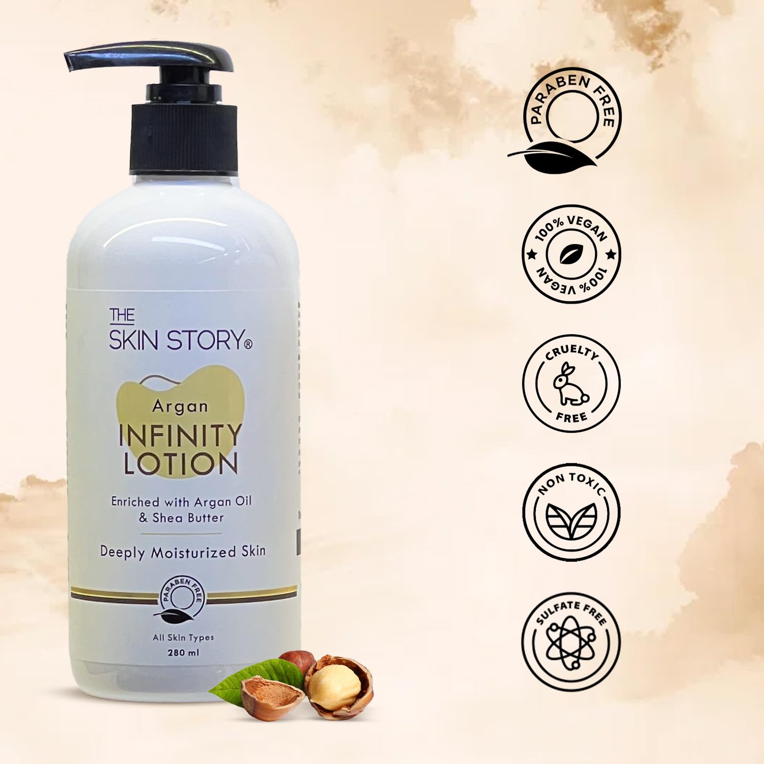 The Skin Story Argan Infinity Body Lotion for Dry Skin - Deep Hydration & Anti-Aging with Argan Oil, Shea Butter & Macadamia Nut Oil | Paraben Free 280ml | Perfect for Daily Moisturizing & Nighttime Skin Repair