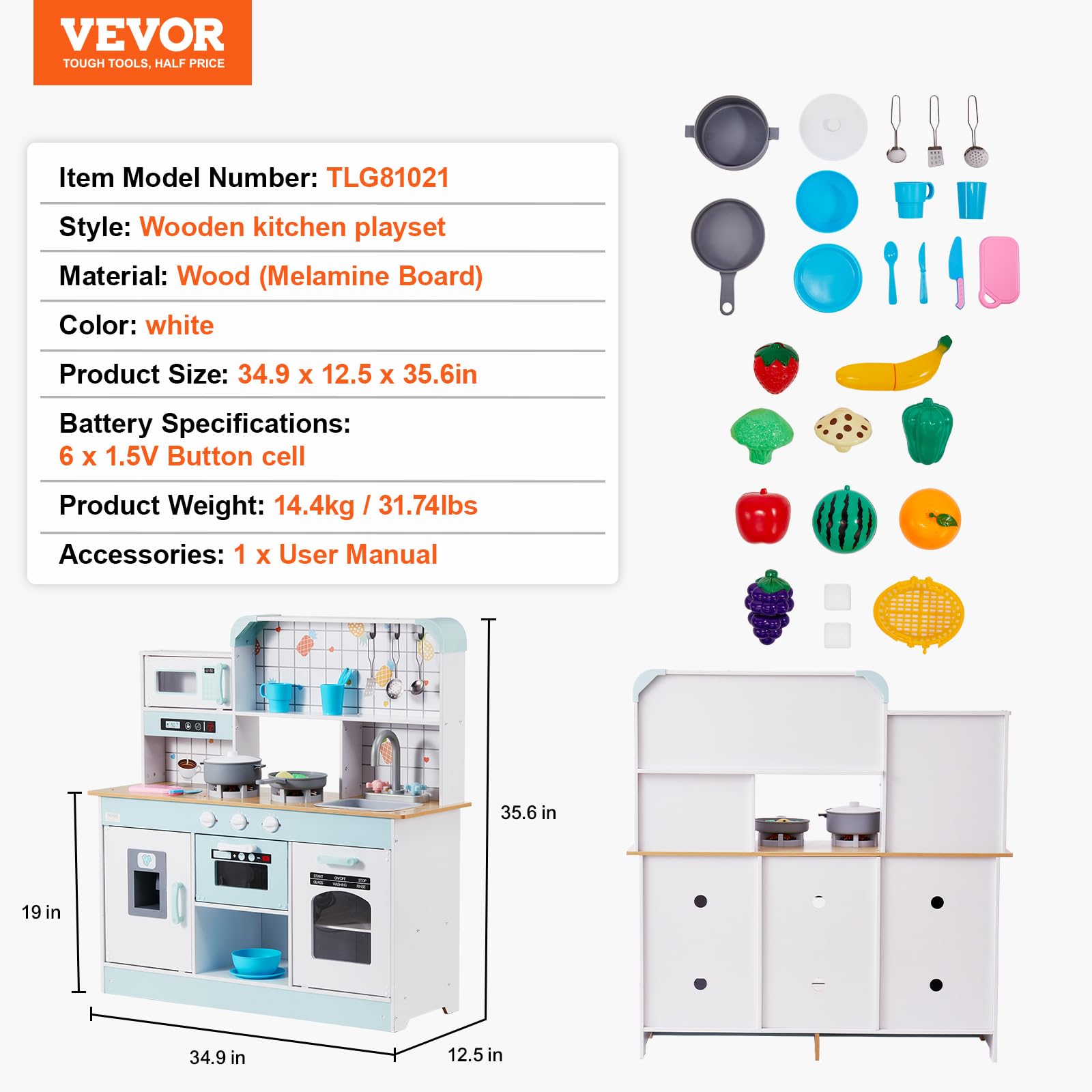 VEVOR Wooden Play Kitchen Set for Kids Ages 3-8 - Interactive Toy Kitchen with Realistic Lights, Sounds, Ice Maker, Oven, Sink, Microwave & Fridge - Includes Cooking Utensils & Fruit Accessories - Perfect for Pretend Play, Role Playing & Early Learning (White)