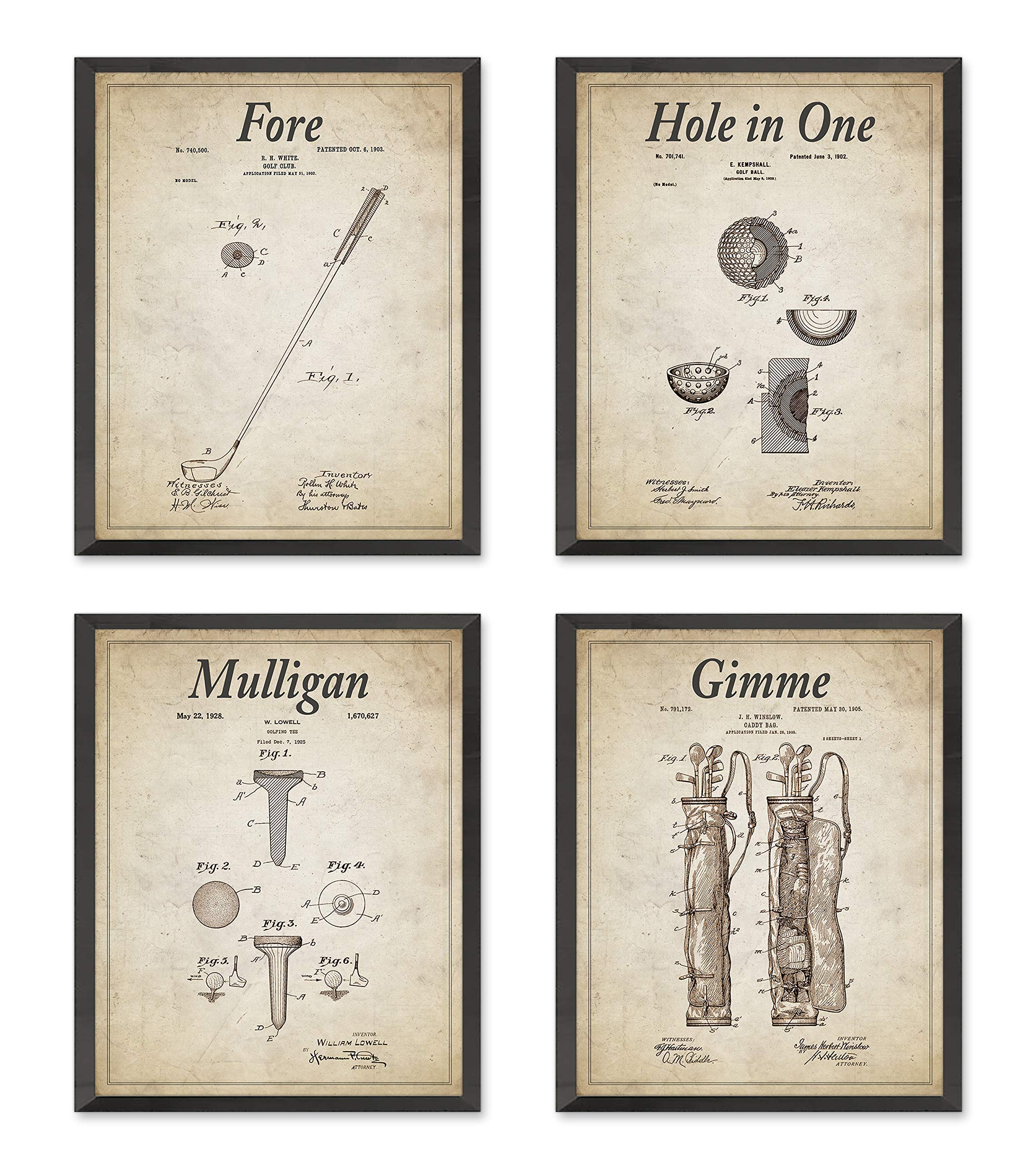 Vintage Golf Wall Art Prints Set of 4 - Golf Club, Ball, Tee & Bag Decor - 8x10 Inches Unframed - Perfect for Man Cave, Office or Golf Lover Gift - Home & Wall Decor for Golf Enthusiasts