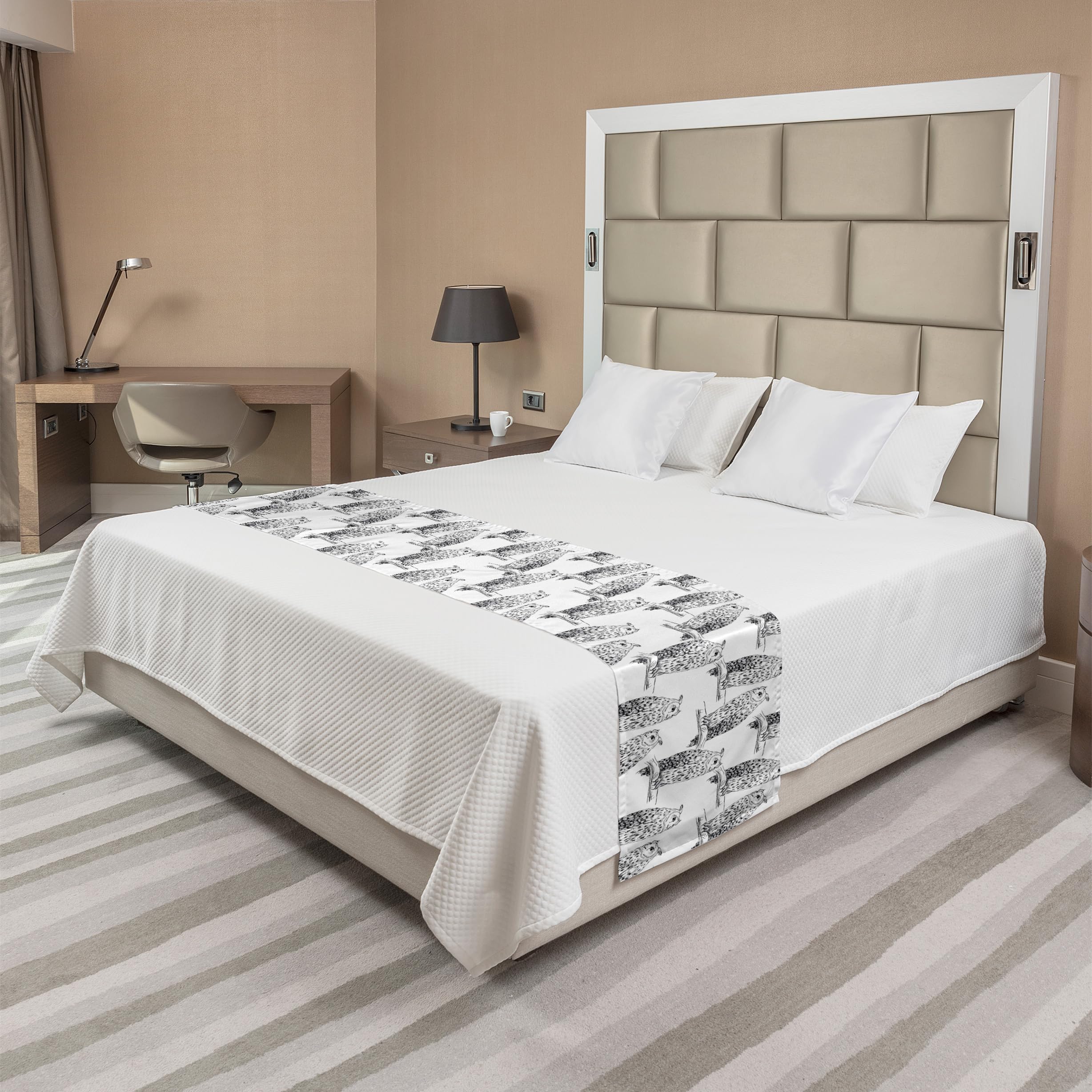 Ambesonne Owl Lover Bed Runner - Monochrome Sketch Owl on Branch Print Decorative Bed Scarf - Charcoal Grey & White - Perfect for Home, Hotel & Guest Room Decor