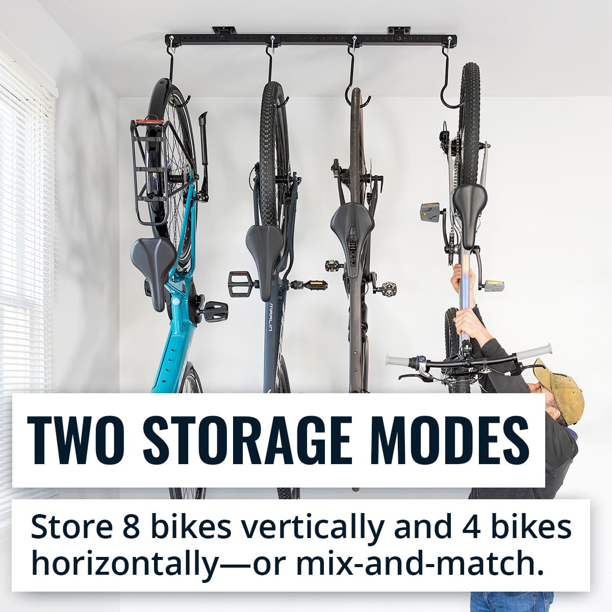 Teal Triangle G-Bike Ceiling Mounted Bike Rack - Heavy Duty Garage Storage for 8 Bikes - Adjustable Hooks for Road, Mountain, MTB, E-Bike & Kids Bicycles (46