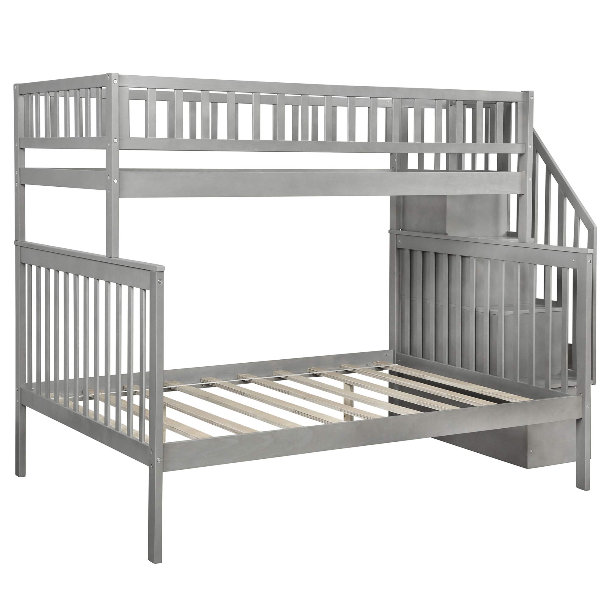 Twin Over Full Bunk Bed Frame for Kids - Solid Wood Bunk Beds with Storage, Safety Rail & Stair Loft in Grey | Space-Saving Kids Bedroom Furniture for Siblings or Sleepovers