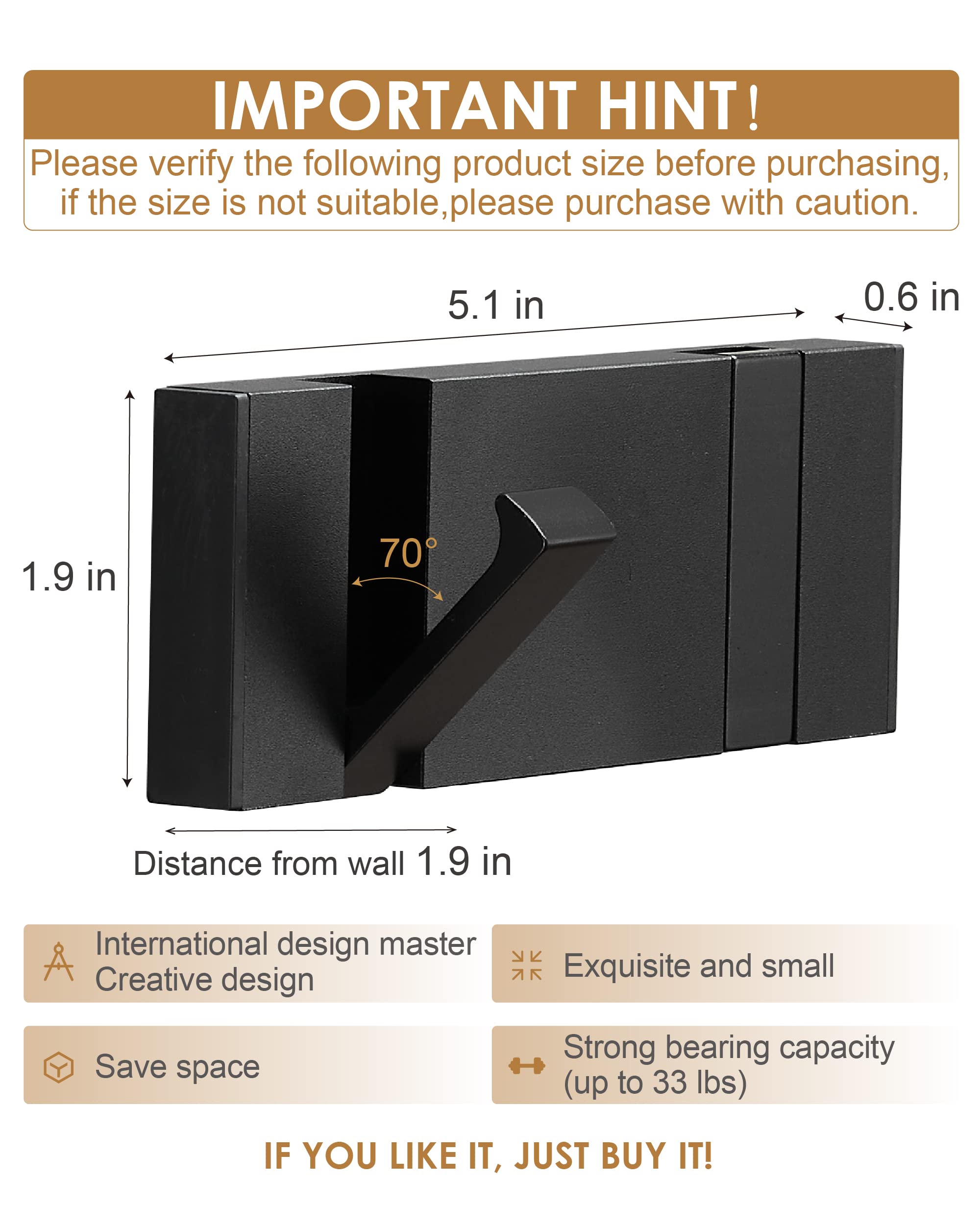 2 Pack Waterproof Black Towel Hooks - Foldable Bathroom Wall Hooks for Towels, Robes & Coats - Rustproof Modern Door Hooks for Kitchen, Bedroom & Bathroom Organization - Perfect for Small Spaces & Closet Storage