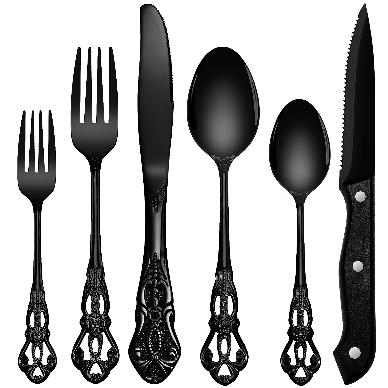24-Piece Black Silverware Set for 4 - Stainless Steel Flatware Set with Steak Knives, Forks & Spoons - Elegant Retro Royal Cutlery Set with Mirror Finish - Dishwasher Safe - Perfect for Dinner Parties, Restaurants & Home Dining