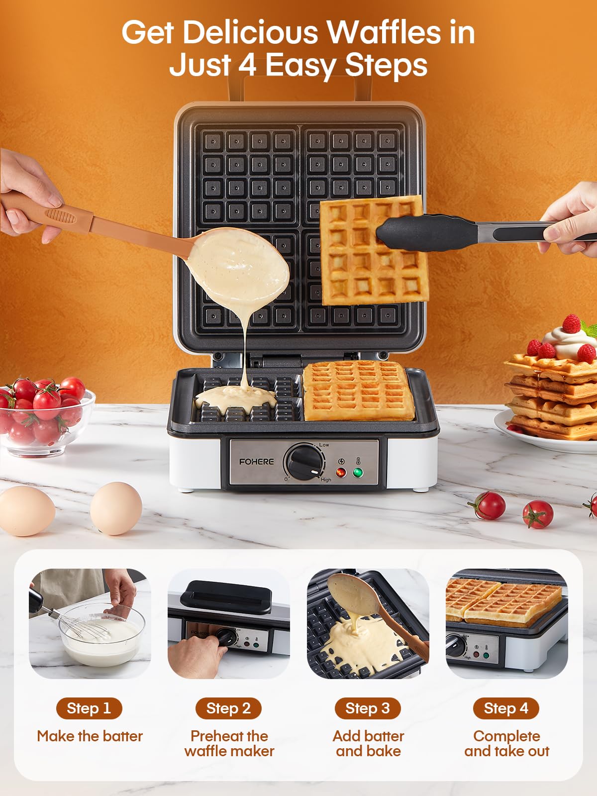 FOHERE 4-Slice Belgian Waffle Maker - 1200W Square Waffle Iron with 5 Browning Levels, Nonstick Plates & Cool-Touch Handle - Perfect for Breakfast, Brunch & Family Gatherings - Anti-Scald & Anti-Overflow Design with Indicator Lights - Includes Recipe Book (White, Large)