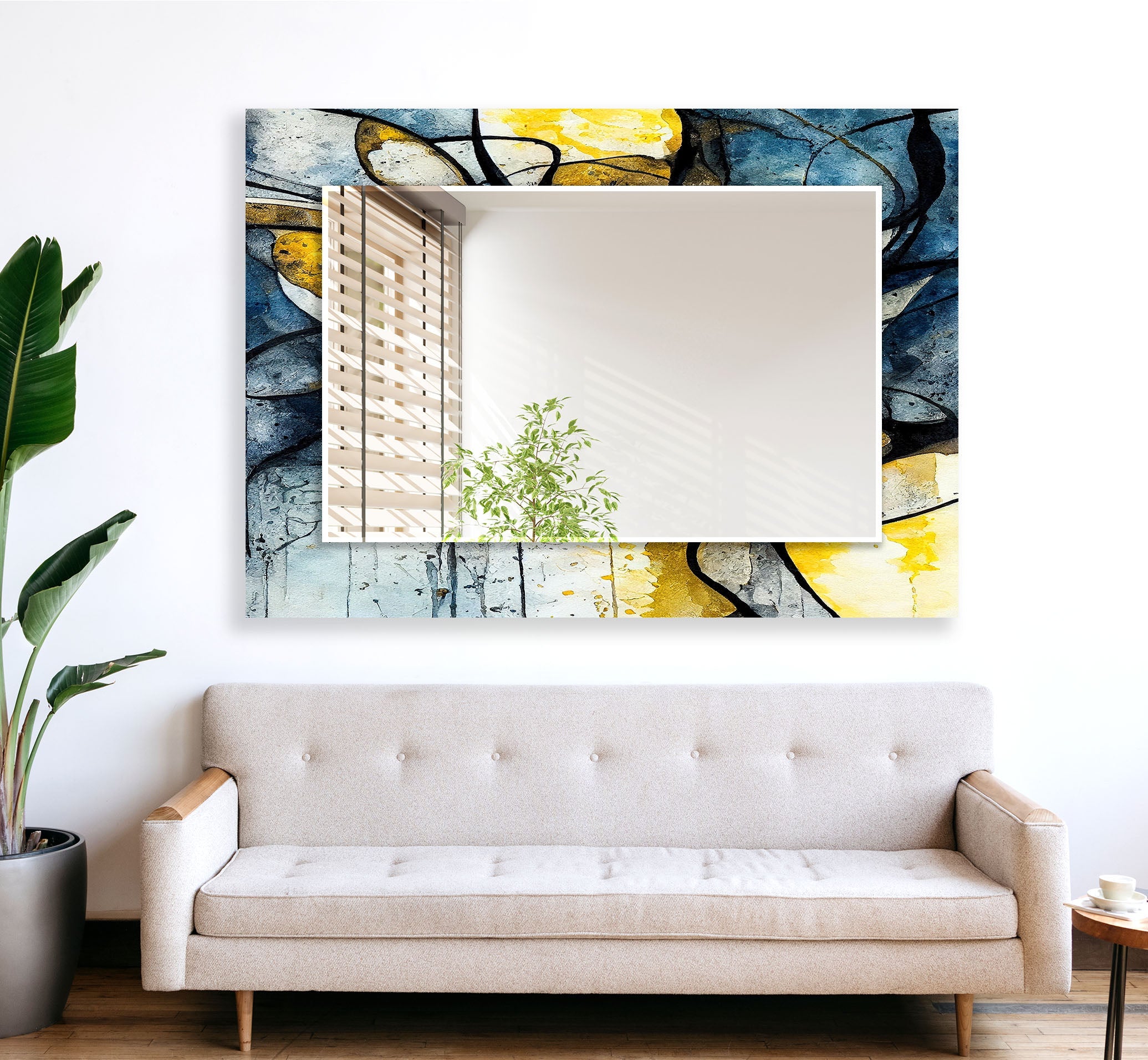 Abstract Wall Mirror in Blue and Yellow Ink - Modern Home Decor for Living Room, Bedroom, or Office