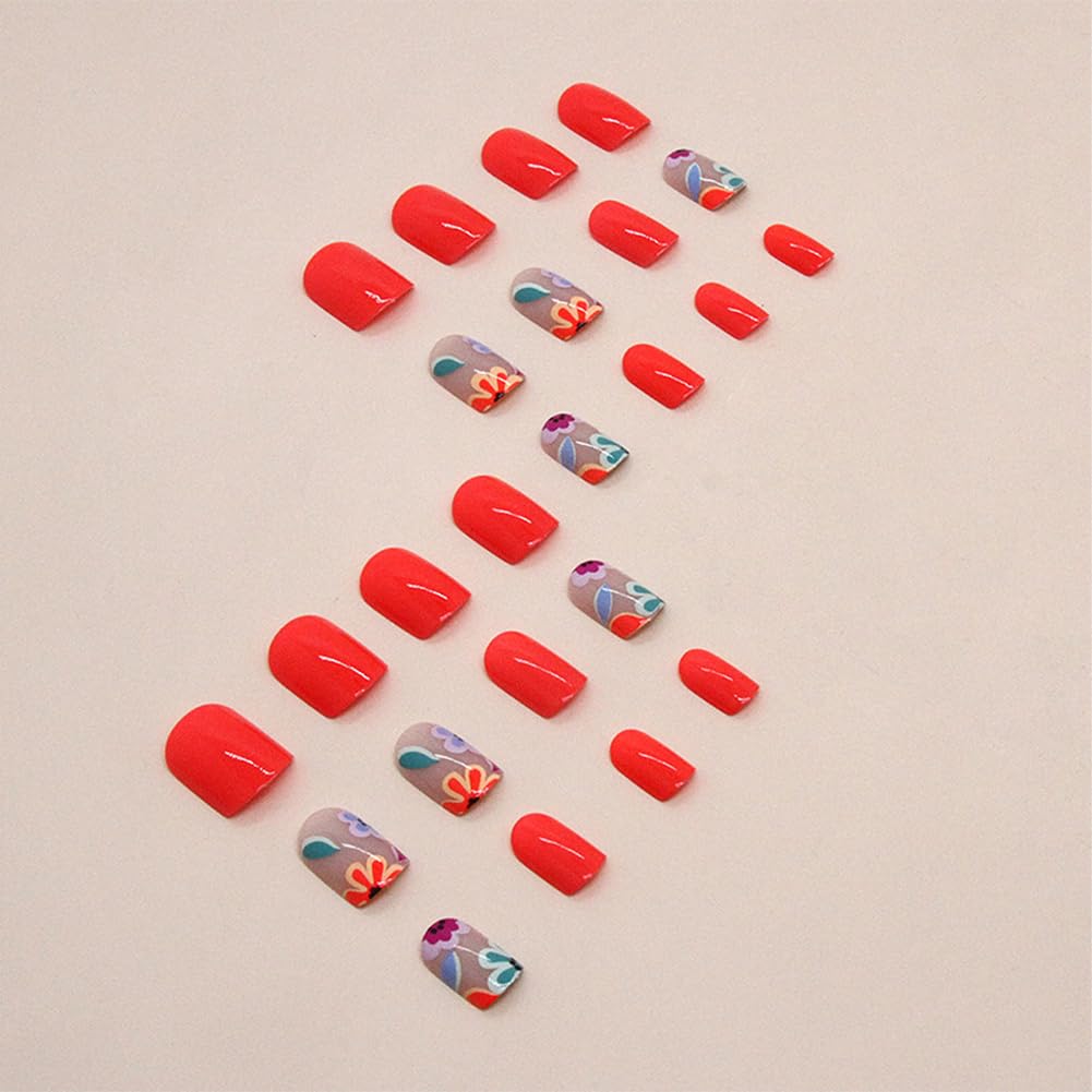 24Pcs Short Square Press on Nails - Red Glossy Fake Nails with Cute Flower Designs, Acrylic Artificial Stick on Nails for Women & Girls | Perfect for Parties, Weddings & Daily Wear