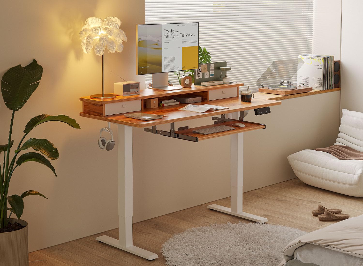 FEZIBO 48x24 Inches Adjustable Standing Desk with Drawers, Keyboard Tray & Storage Shelf - Whole-Piece Light Rustic Design for Home Office, Gaming & Workstation (Sit Stand Desk)
