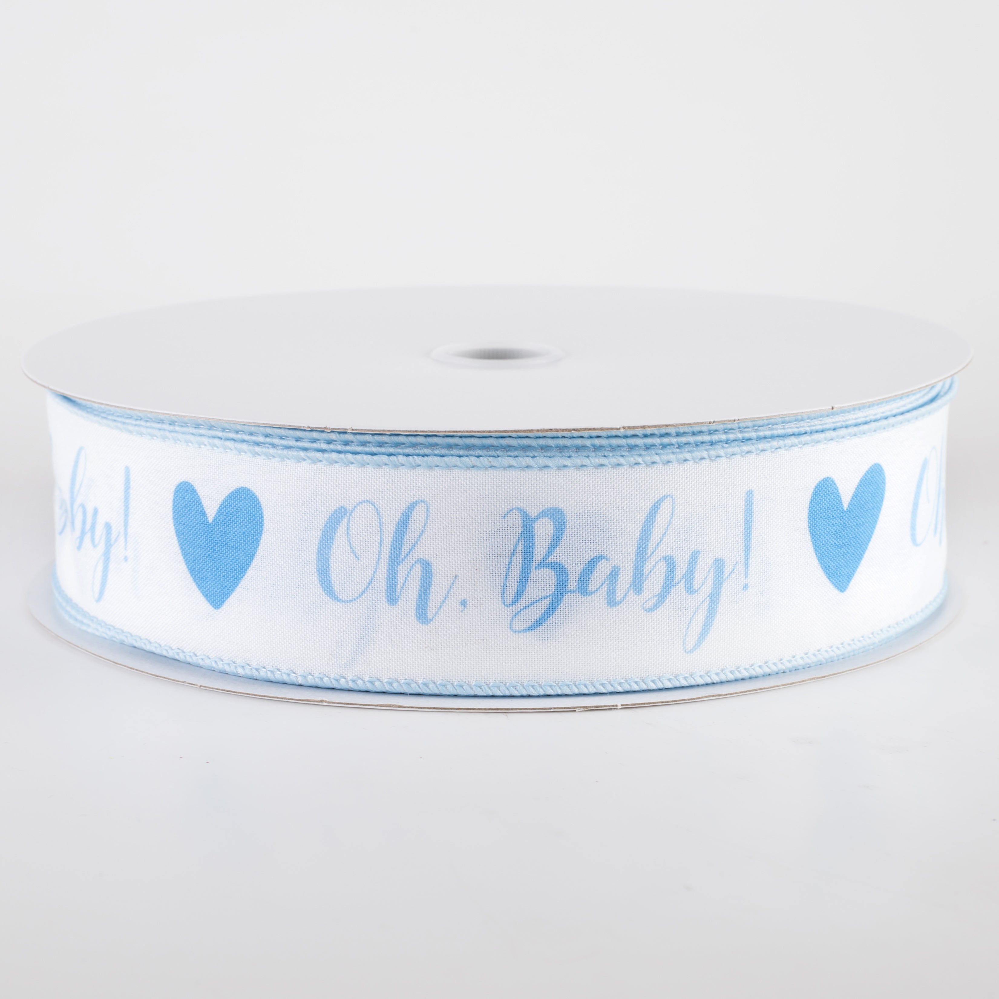 1.5 Inch Linen Oh, Baby! Heart Ribbon - White & Light Blue (50 Yards) - Perfect for Baby Showers, Gift Wrapping, and DIY Crafts