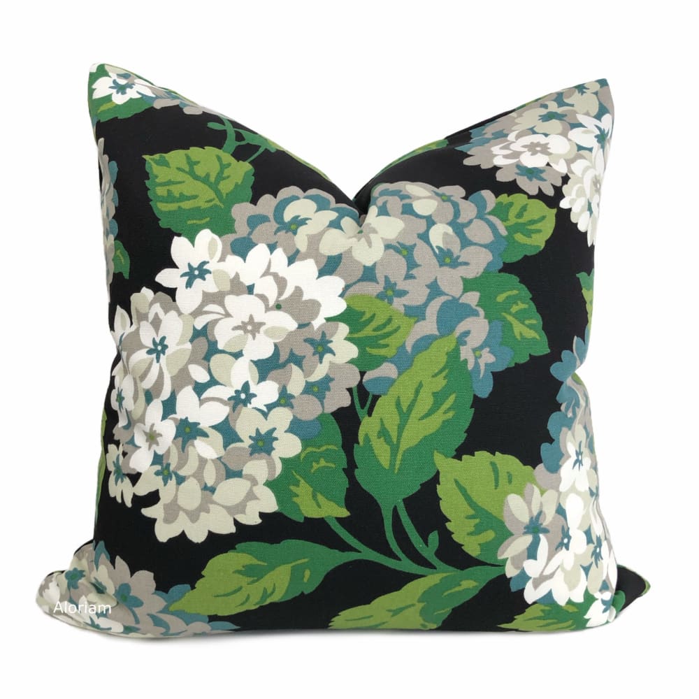 Bella Onyx Green Cream Gray Hydrangea Floral Print Pillow Cover - Decorative Throw Pillow Case for Sofa, Bedroom, Living Room & Home Decor