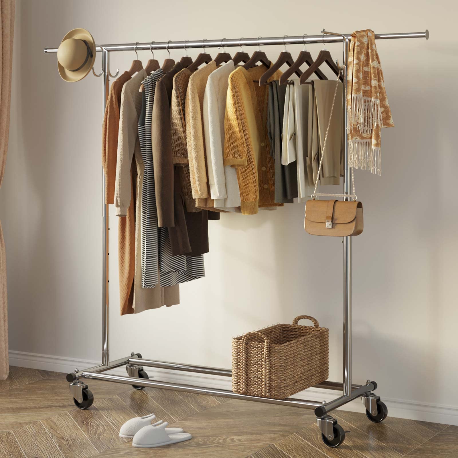 GREENSTELL Heavy Duty Adjustable Rolling Clothes Rack with Cover - 67x66x21 Inch Commercial Garment Rack with Extendable Hanging Rail, Wheels & 2 Hooks - Perfect for Retail Stores, Boutiques, Home Closet Organization & Laundry Room Storage