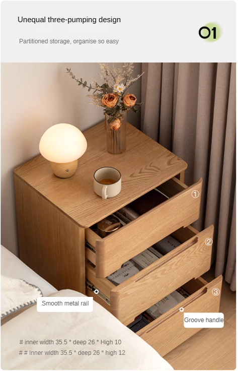 Solid Oak Wood 3-Drawer Nightstand with Lock - Bedside Table for Bedroom, Living Room & Office Storage