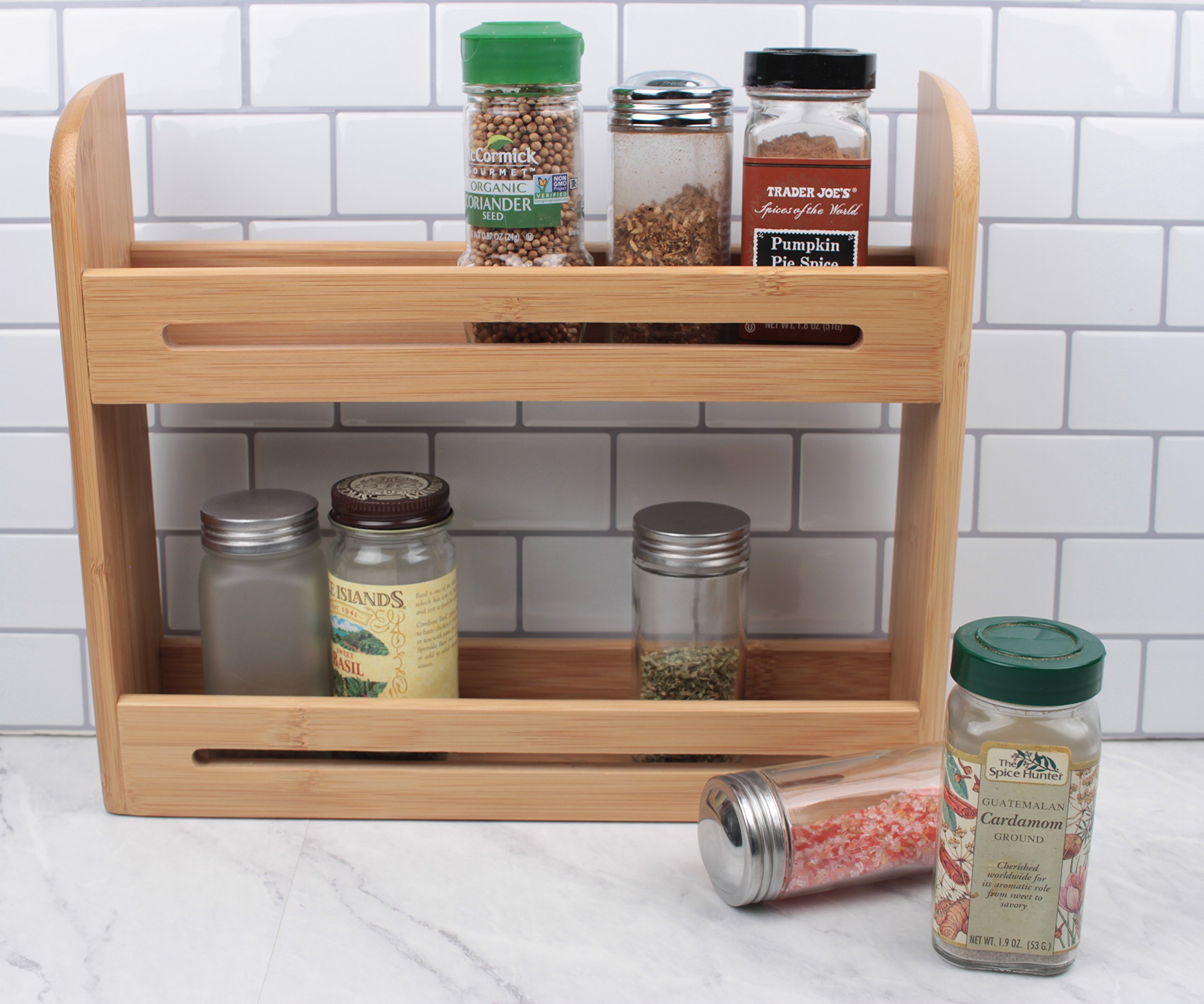 RSVP International Bamboo Spice Rack - 12x2.75x10.25 Inch Kitchen Countertop Organizer - Natural Wood Tabletop Décor for Spices, Jars & Cooking Essentials - Perfect for Pantry, Dining Room & Home Organization