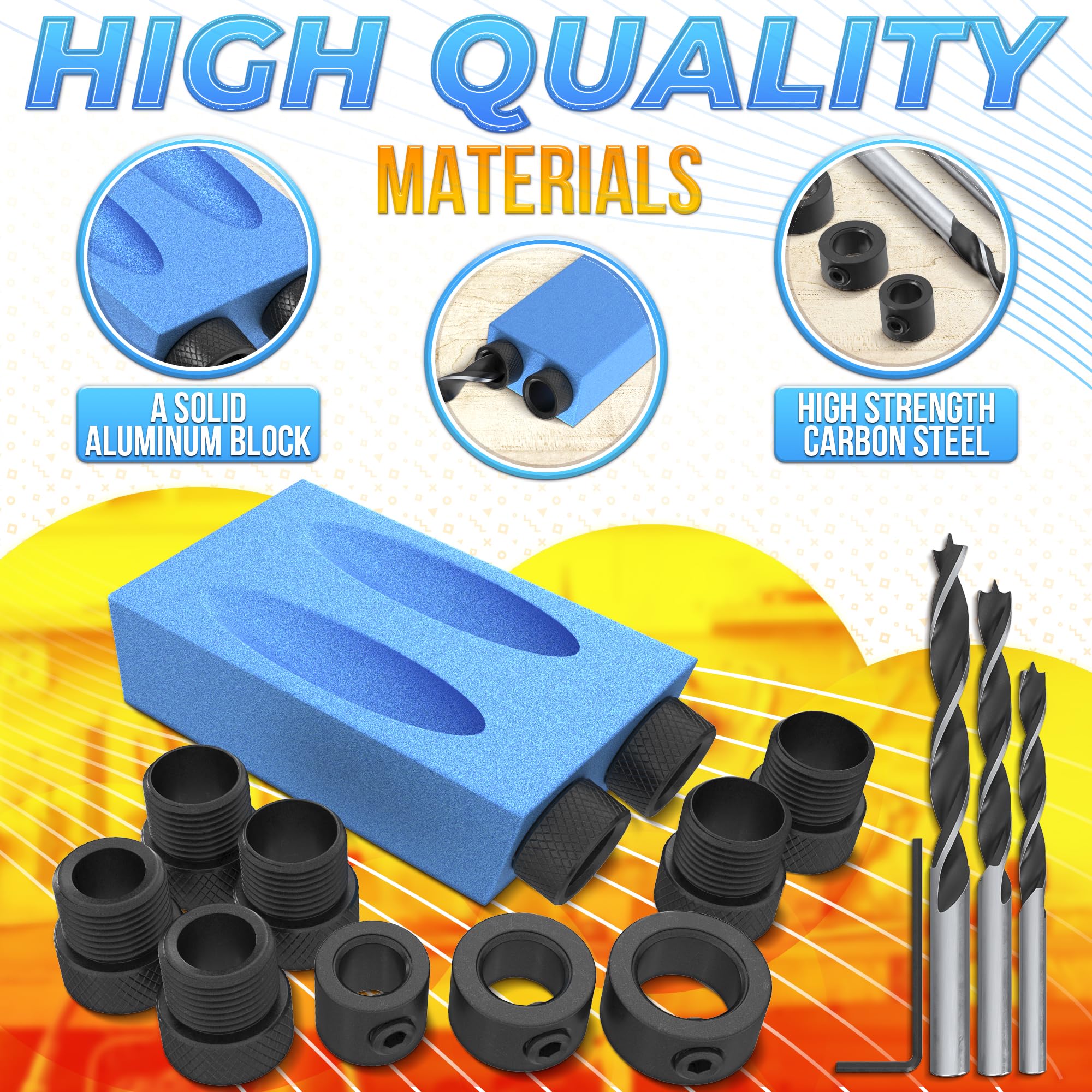 Premium Pocket Hole Jig Kit - 15° Angle Drill Guide for Straight & Angled Holes | Woodworking Screw Jig with Shelf Hole Guide | Perfect for DIY Furniture, Cabinets & Home Improvement Projects