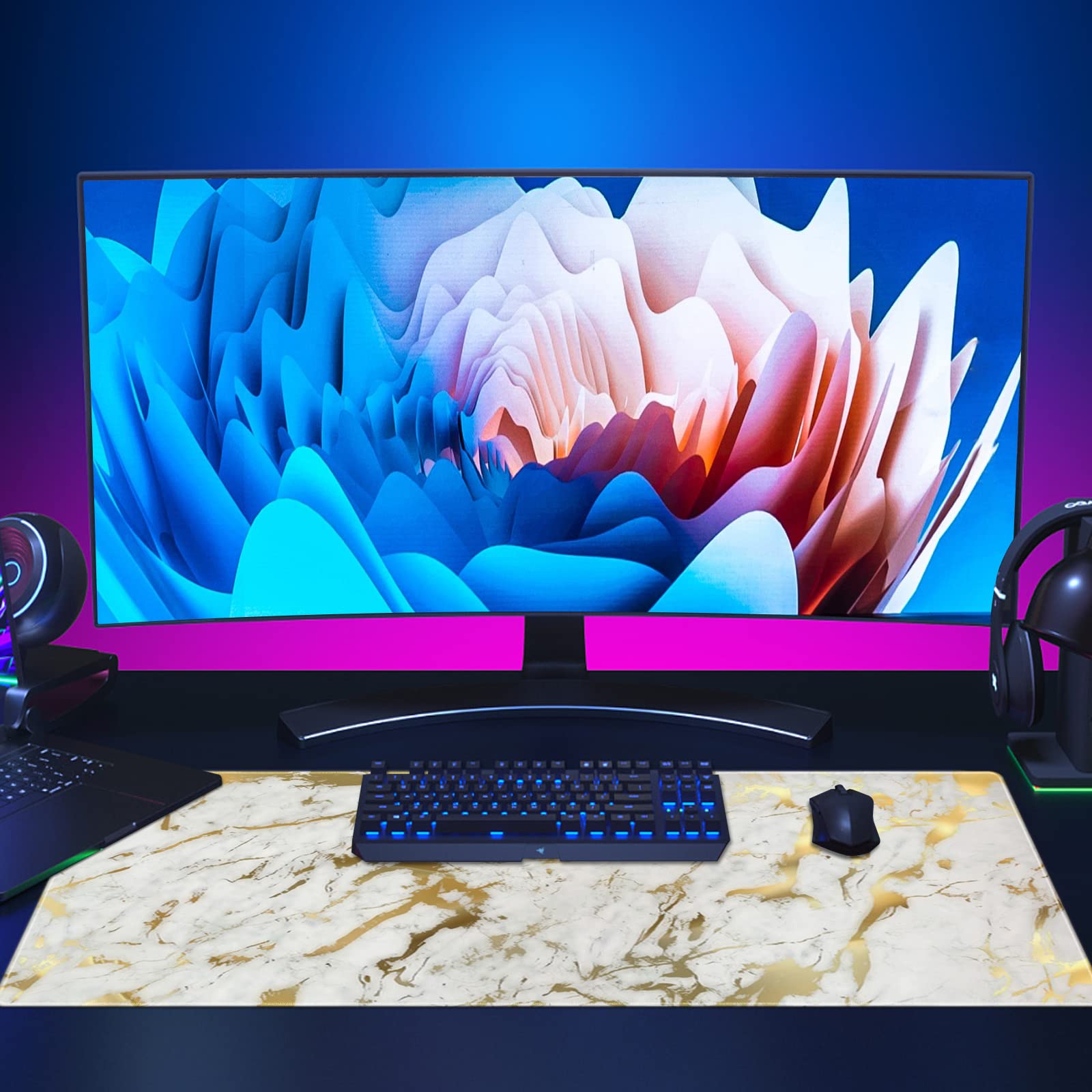 XXL Gaming Mouse Pad 31.5x11.8 Inches - Non-Slip Rubber Base & Stitched Edge Ergonomic Mouse Mat for PC, Laptop, Office & Gaming Setup (Gold Marble Design) - Perfect for Esports, Workstations & Home Office Desks