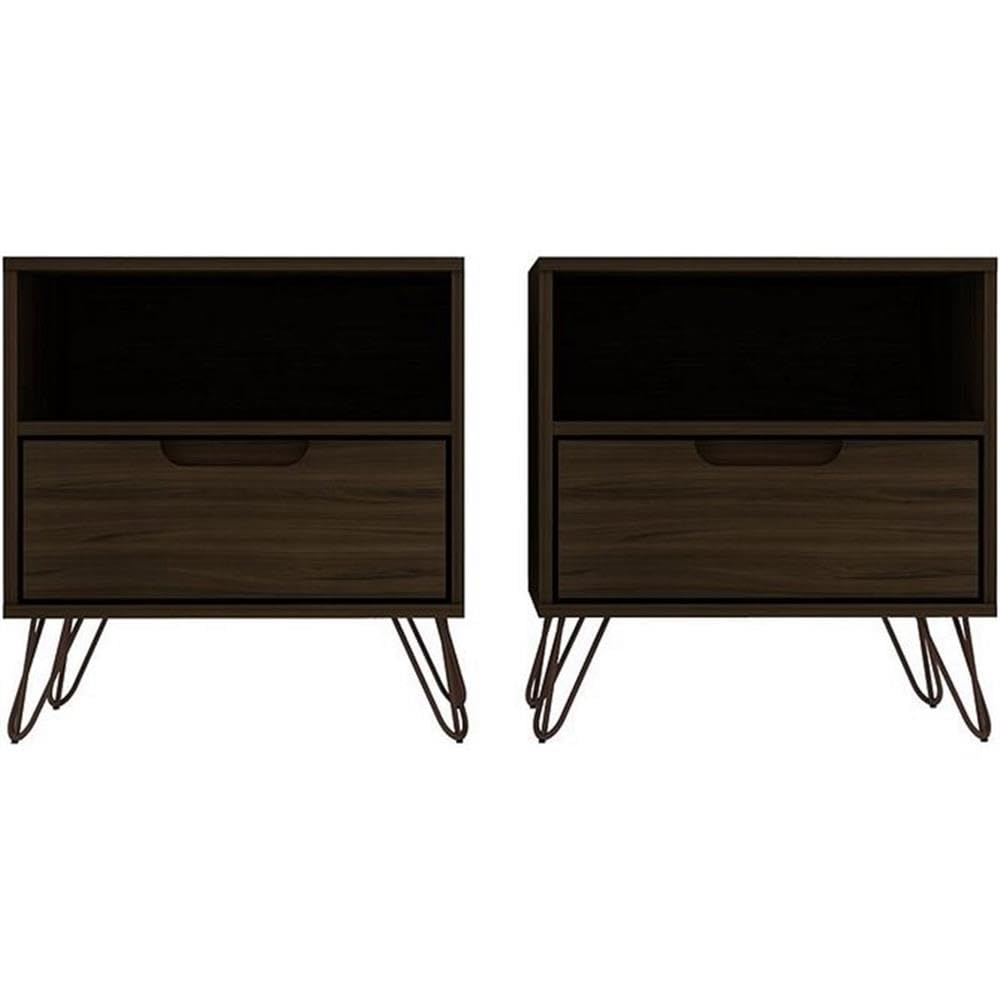 Mid Century Modern Nightstands Set of 2 - Manhattan Comfort Rockefeller Bedside Tables with Drawer & Cubby Storage, Brown Wood Bedroom Furniture for Master Bedroom, Guest Room or Living Room - Perfect for Storing Books, Lamps & Bedside Essentials