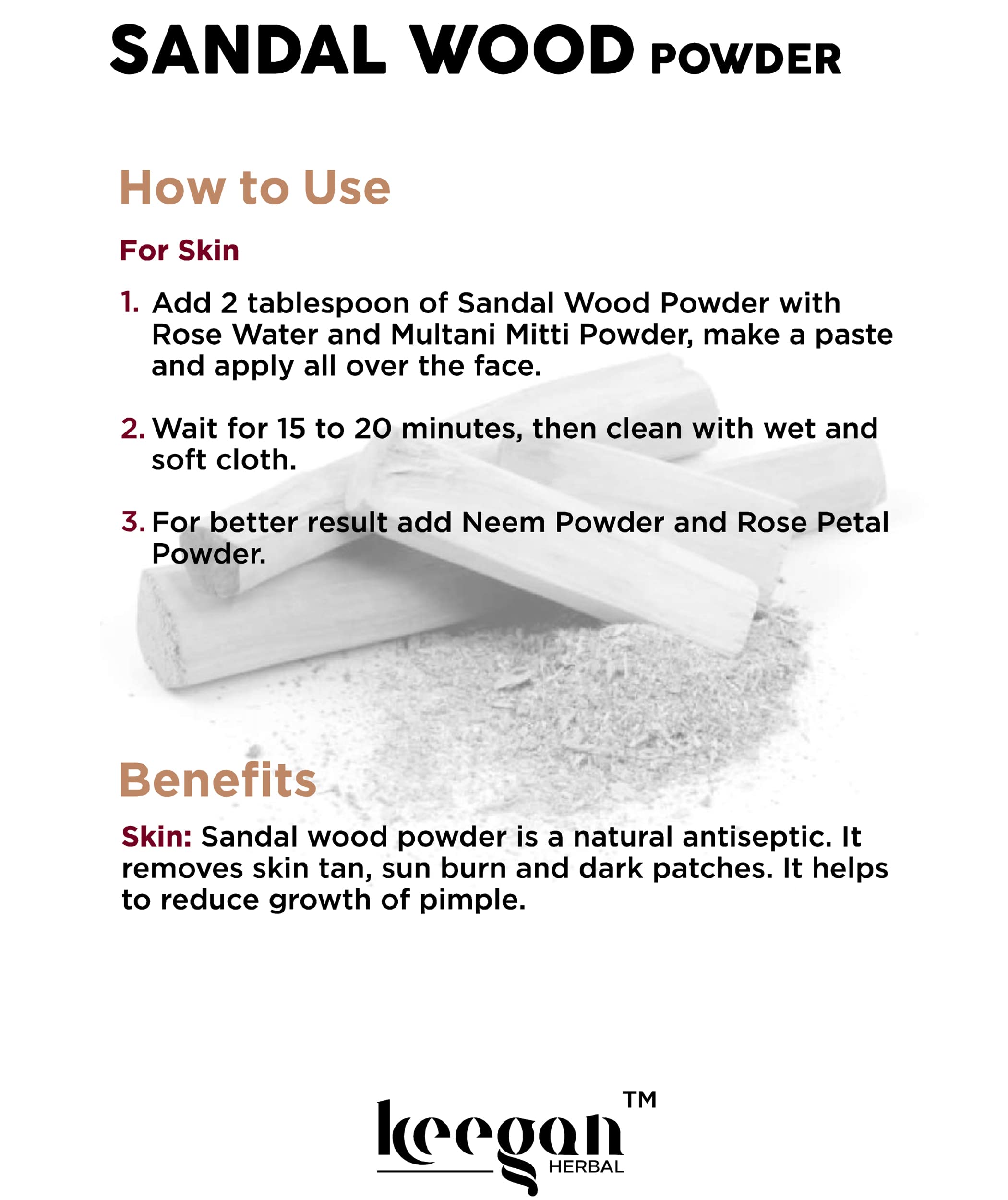 Keegan Herbal Natural & Pure Sandalwood Powder 100g | Chandan Powder for Face & Skin Care | Organic Beauty Treatment for Glowing Skin & Aromatherapy