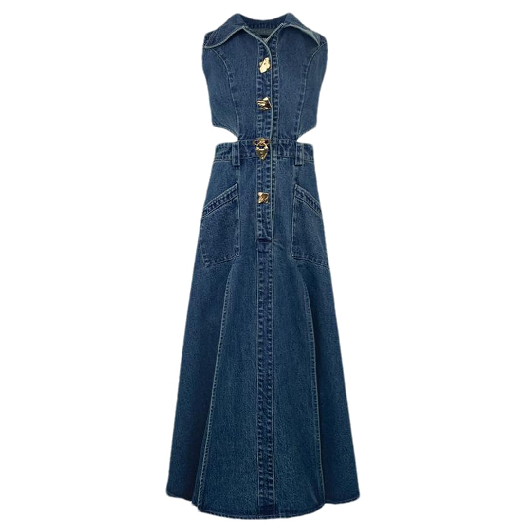 Vintage Women's Hollow Out Sleeveless Denim Dress - High Waist Slim Fit Long Jean Dress with Side Slits for Casual Outings & Summer Fashion