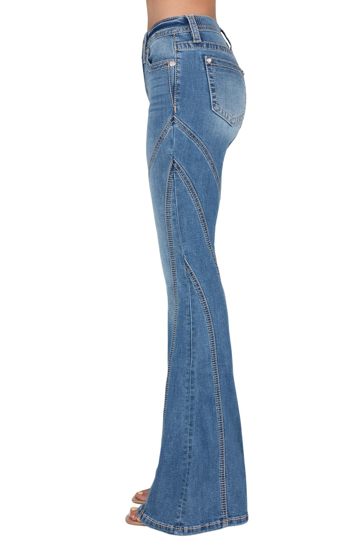 Miss Me Women's Contour Stitch Slim High-Rise Flare Jeans - Stretchy Denim Pants for Casual Wear & Night Out | Perfect for Date Nights, Office & Weekend Outfits