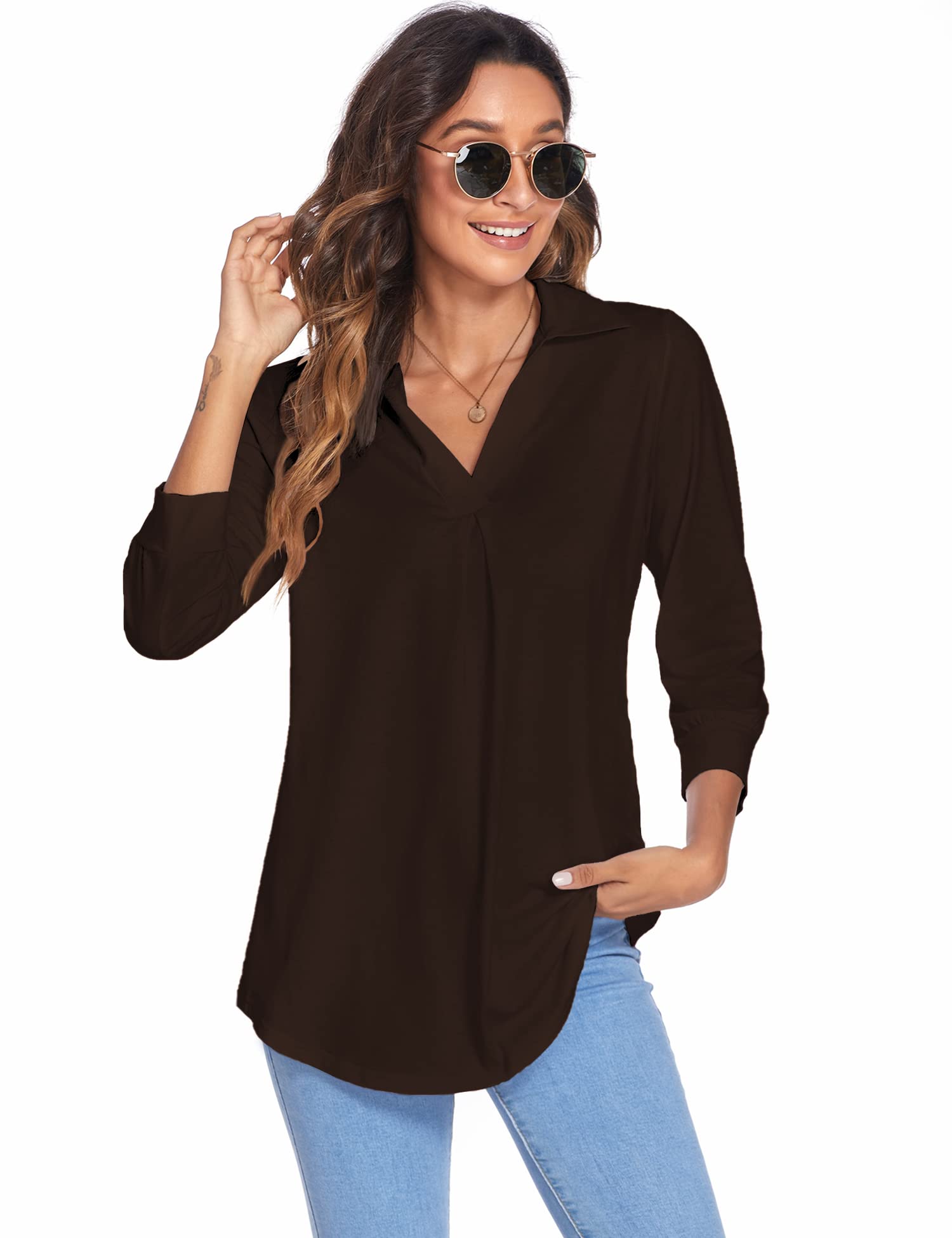 Newchoice Women's Collared V-Neck 3/4 Sleeve Blouse - Business Casual Tops, Loose Fit Work Shirts for Office & Everyday Wear (Sizes S-3XL) - Perfect for Office, Meetings & Smart Casual Outfits
