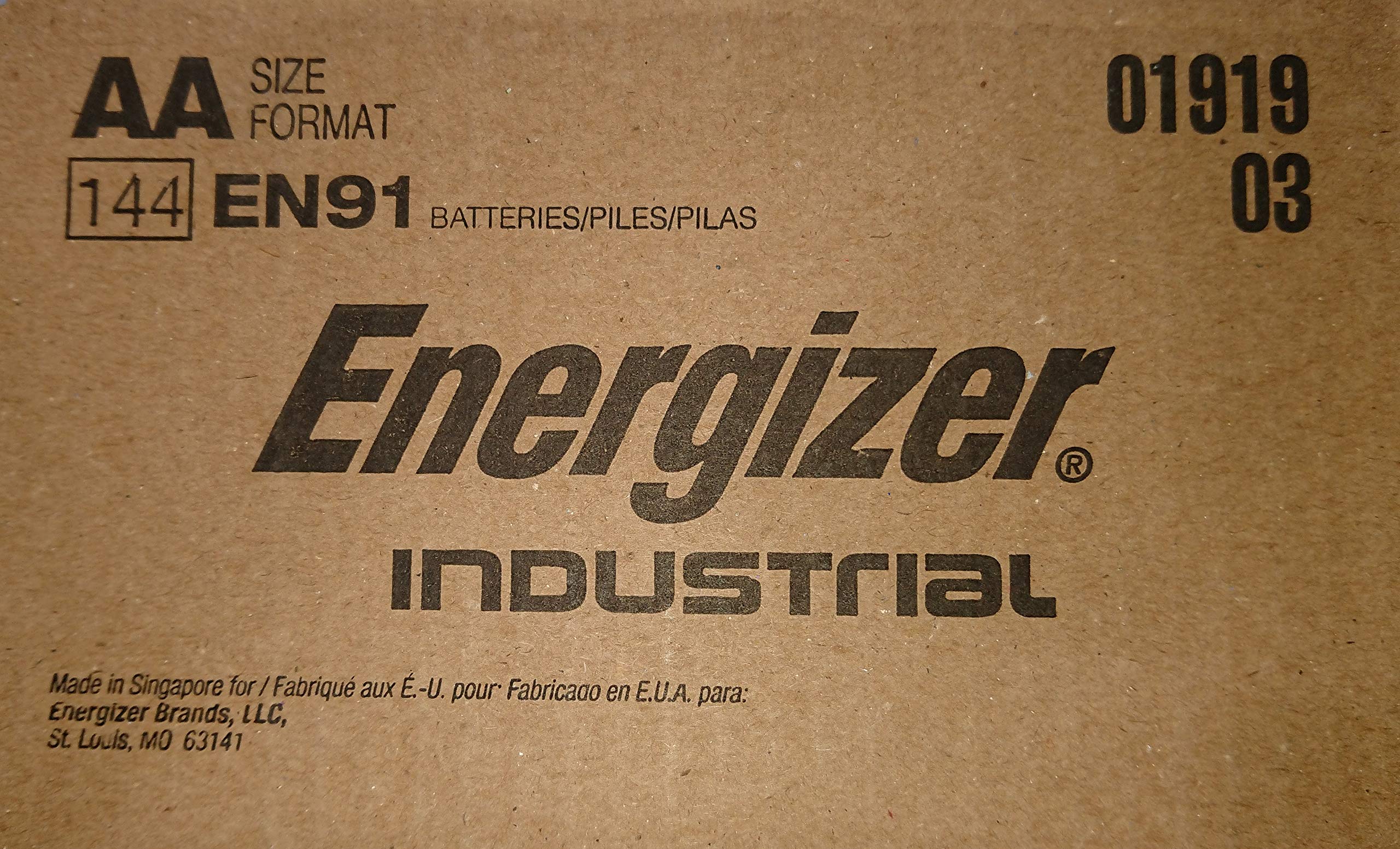 Energizer EN91 Industrial Alkaline AA Batteries (144 Count Bulk Pack) - Long-Lasting Power for Smoke Detectors, Toys & Electronics - Made in USA/Singapore