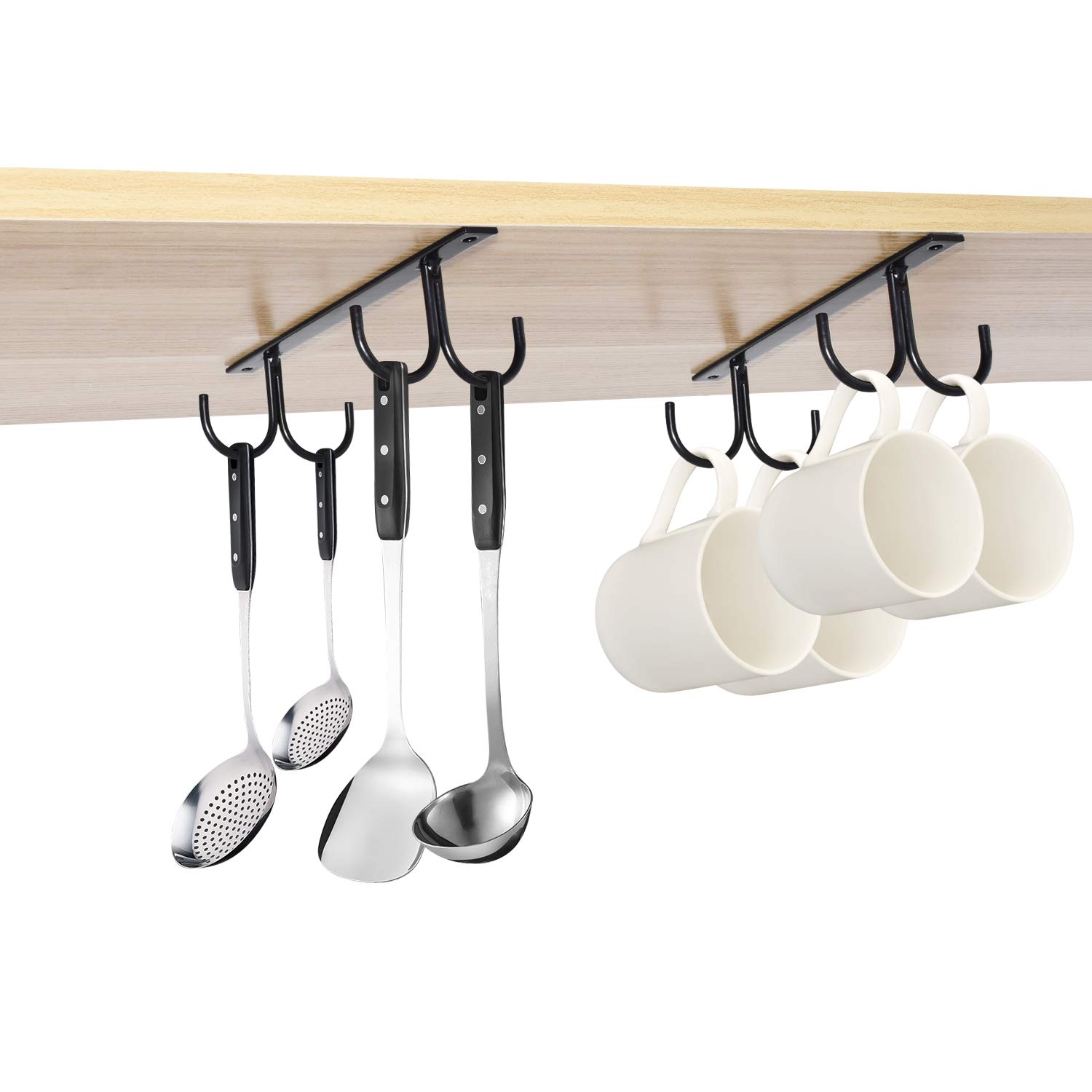Rustic Under Cabinet Mug Rack - 2 Pack Black Cup Holder with 8 Hooks for Mugs, Coffee Cups & Kitchen Utensils - Space Saving Shelf Organizer for Kitchen, Office or Coffee Shop Display