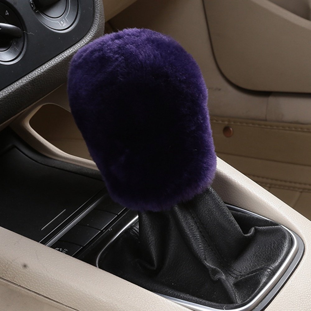 Dotesy 3-Piece Genuine Sheepskin Steering Wheel Cover Set with Gear Shift & Handbrake Cover - Universal 15 Inch Furry Car Protector - Pure Australian Wool (Purple) - Perfect for Winter Driving & Luxury Car Interior Upgrade