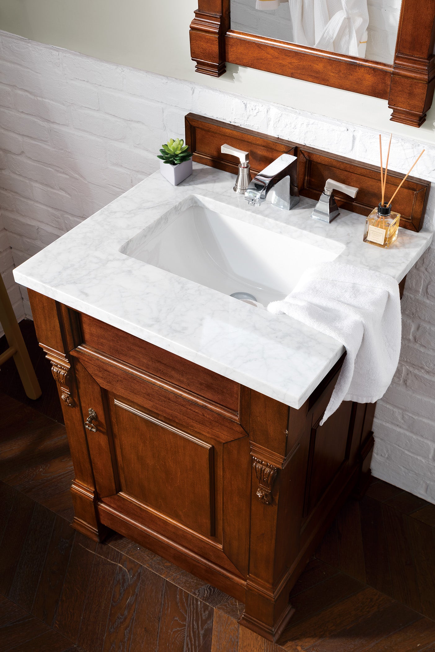 Brookfield 26 Inch Single Bathroom Vanity with Warm Cherry Finish & 3CM Carrara Marble Top - Perfect for Modern Home, Guest Bathroom, and Small Space Renovation