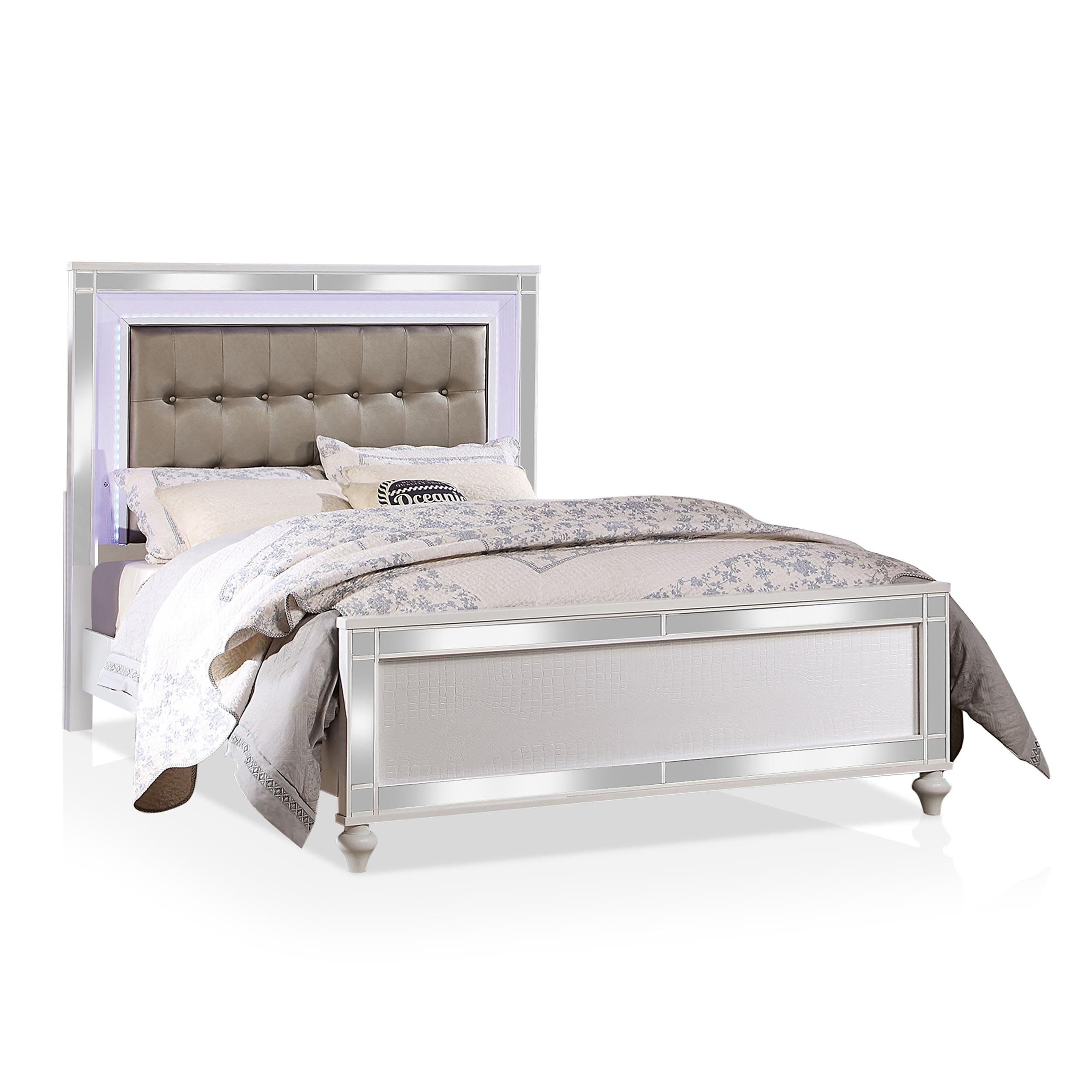 Furniture of America Xulu Contemporary Wood King Bed with LED Lights in White - Modern Bedroom Furniture for Luxurious Home Decor