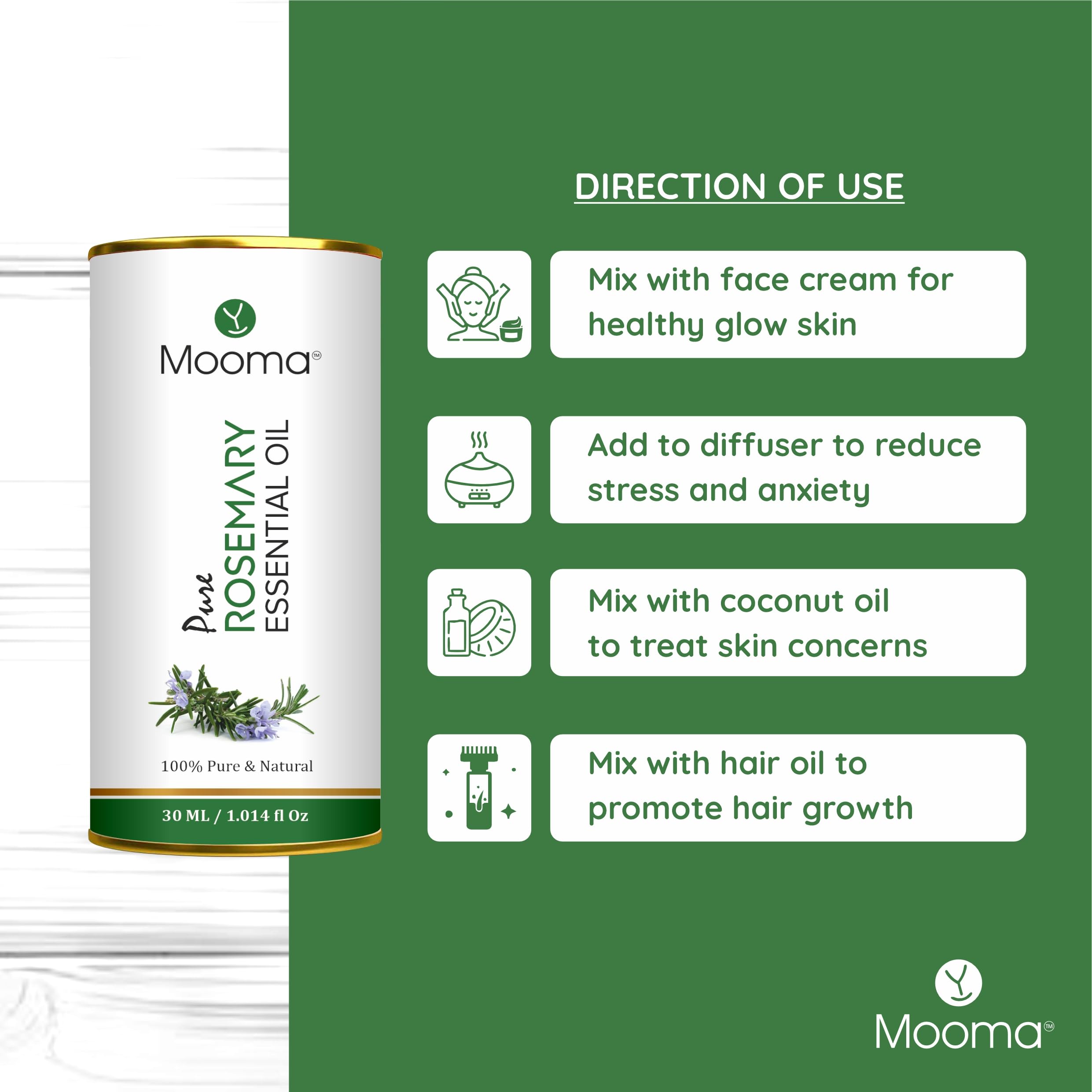 MOOMA Pure Rosemary Essential Oil for Hair Growth, Shine & Nourishment | Facial Treatment for Toned, Balanced & Rejuvenated Skin | 30ML | Perfect for Aromatherapy, DIY Hair Care & Skin Care Routines