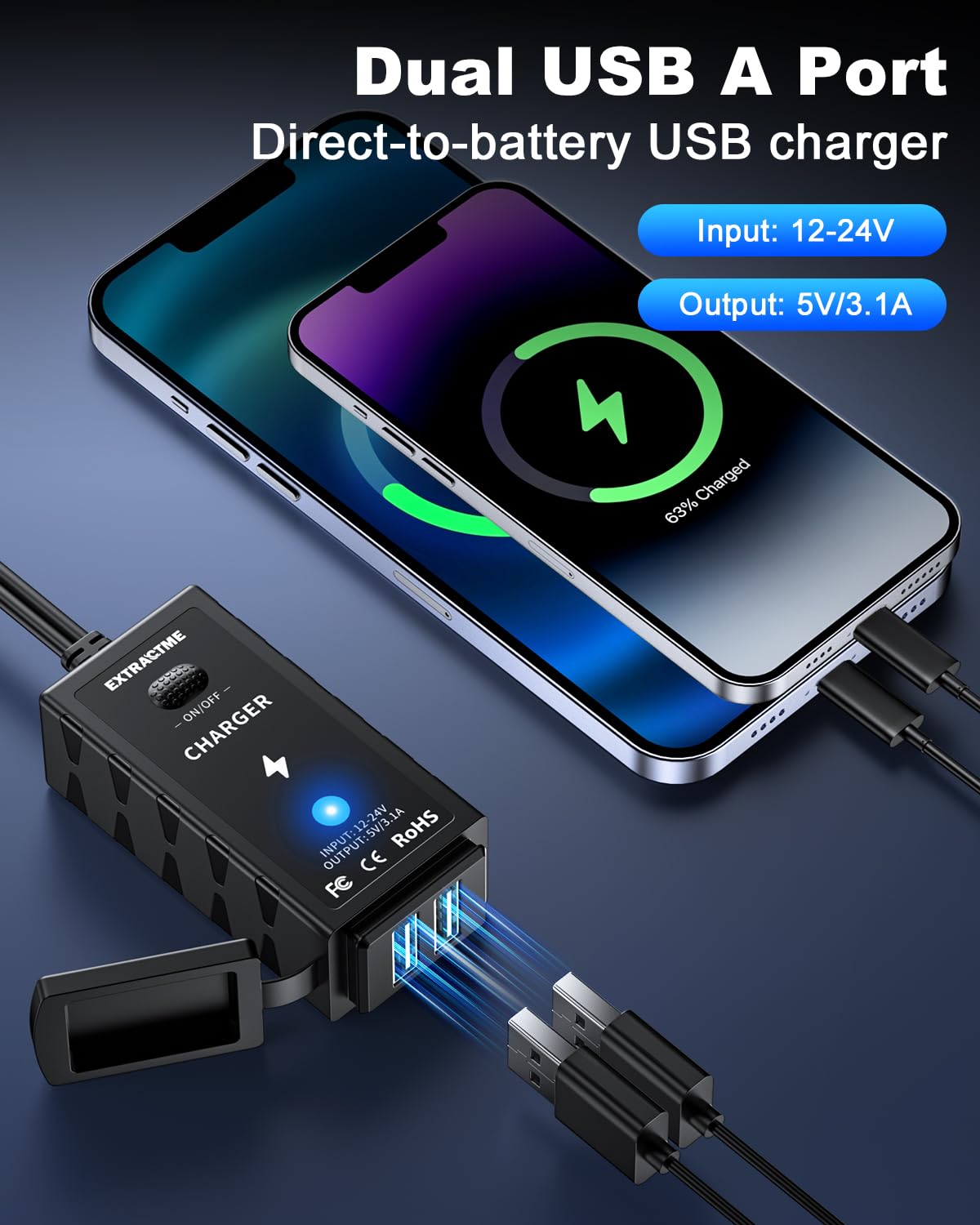 Motorcycle Phone Charger 3.1A Dual USB with Switch - Waterproof ATV Accessory for Phones & GPS