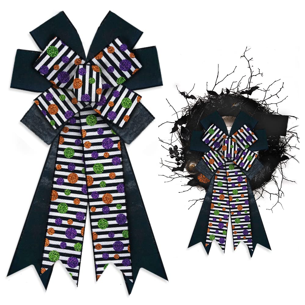 Halloween Wreath Bows - Large Velvet Black & White Striped Bows with Glitter Circle Accents for Front Door Decor | Indoor Outdoor Halloween Wreath Accessories | Perfect for Front Porch, Wall Decor, and Holiday Home Decorations
