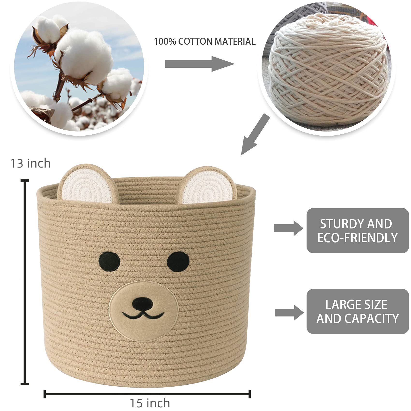 Bear Laundry Basket with Handles - Large Woven Storage Hamper for Clothes, Toys, Blankets & Pillows | Decorative Khaki Organizer for Living Room, Bedroom & Nursery | Perfect for Laundry, Toy Storage & Home Organization