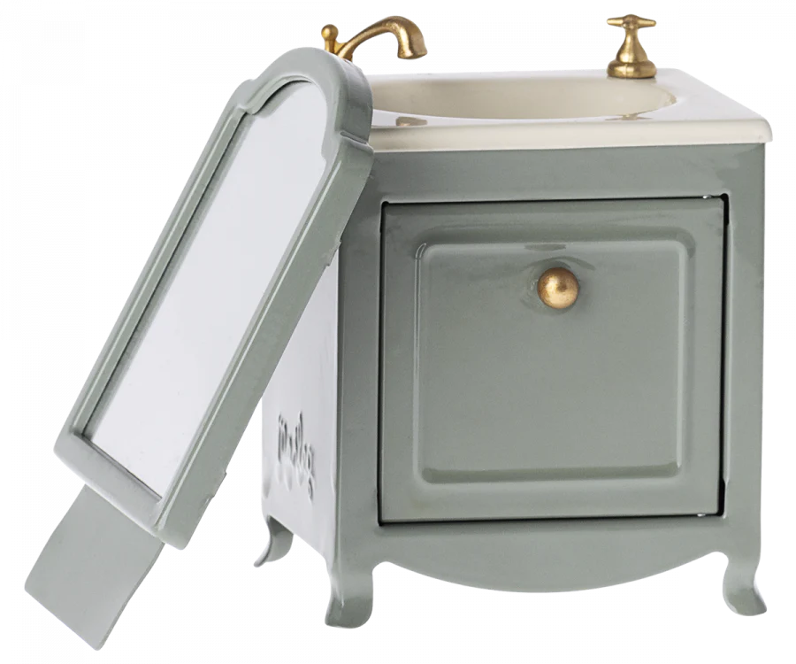 Maileg Dark Mint Mouse Sink Dresser with Mirror - Adorable Miniature Furniture for Dollhouse Decor & Kids Pretend Play