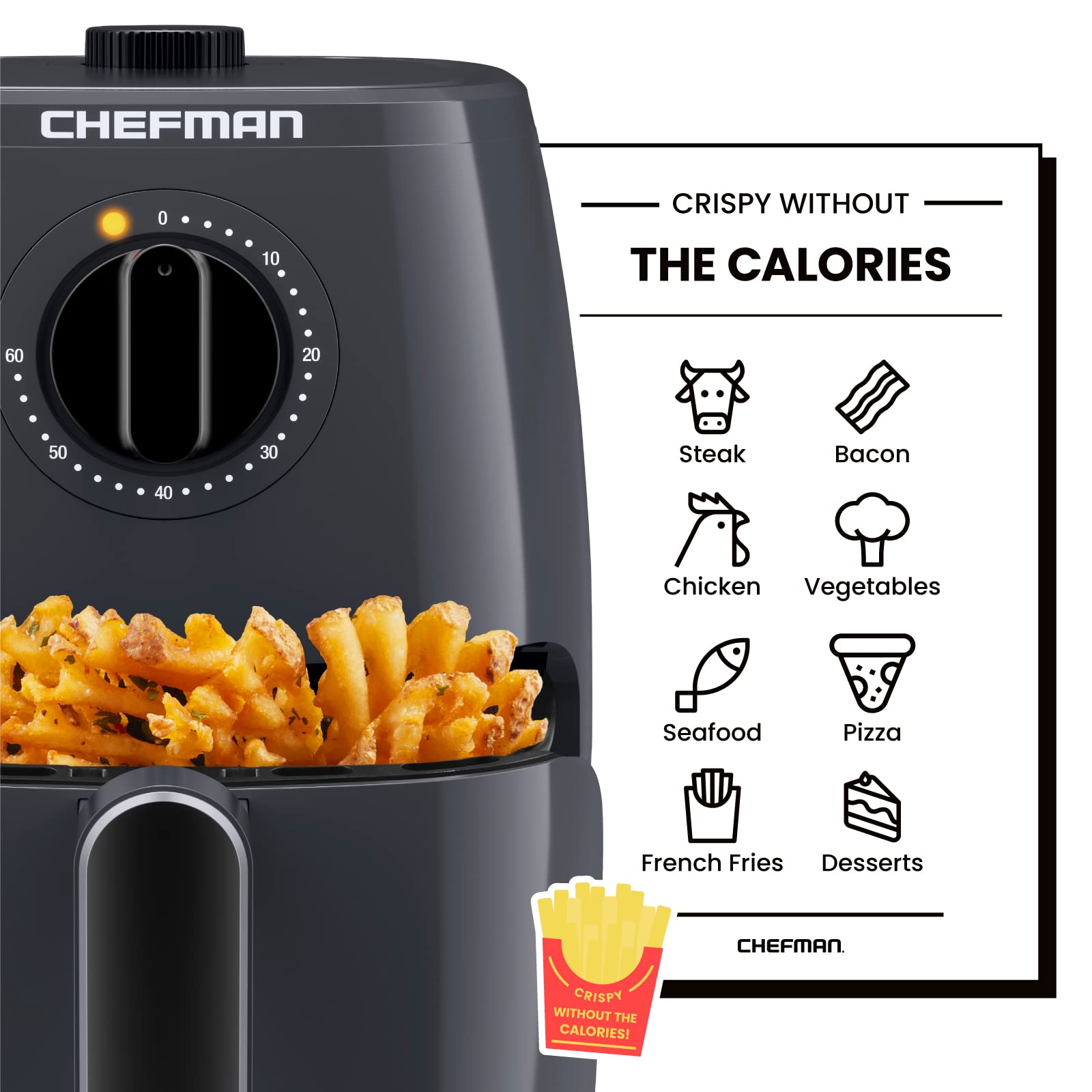 Chefman TurboFry 2-Quart Air Fryer - Oil-Free Healthy Cooking, Dishwasher Safe Basket & Tray, 60-Minute Timer, Adjustable Temp Control with Indicator Lights - Perfect for Crispy Fries, Chicken Wings & Family Meals
