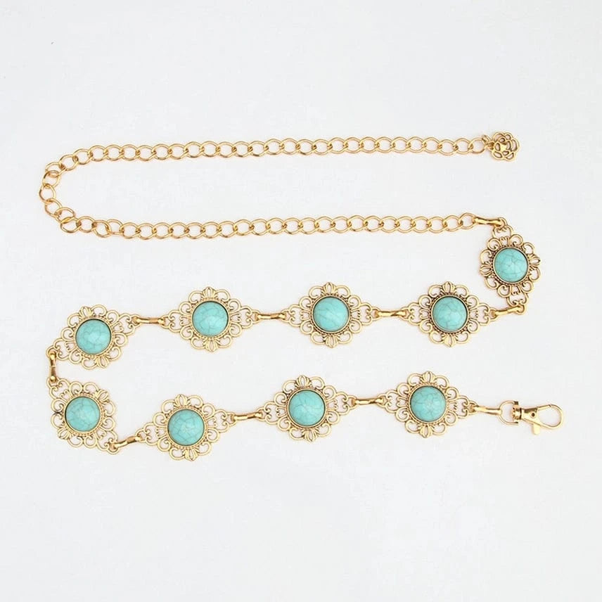 Turquoise Accent Gold Chain Belt for Women - Stylish Waist Accessory for Dresses, Jeans & Boho Outfits