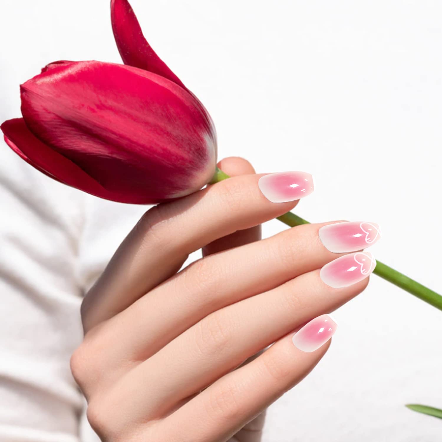 24PCS Pink Heart Press On Nails - Long Coffin Ballerina Fake Nails with Gradient Design, Acrylic Stick On Nails for Women, DIY Manicure Kit (Style A2-FSAXJP) | Perfect for Valentine's Day, Date Night & Special Occasions