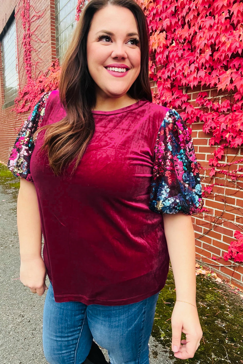 Diva Dreams Women's Sequin Floral Puff Sleeve Velvet Blouse - Elegant Party Top for Night Out, Dinner Date & Special Occasions
