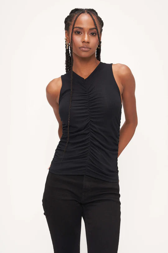 Dionne Ruched Rib Tank Top for Women - Black | Stretchy & Comfortable | Perfect for Casual Wear, Layering & Summer Outfits