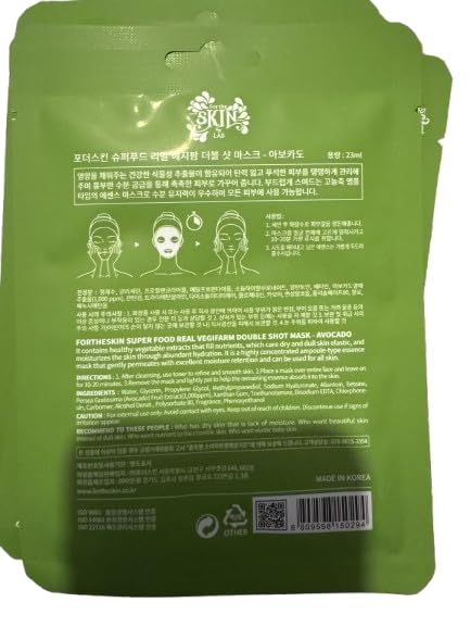 FORTHESKIN Super Food Real Vegifarm Double Shot Avocado Sheet Mask - Hydrating Ampoule Essence with Avocado Extract for Dry & Dull Skin | Soothing, Nourishing & Revitalizing Facial Mask | Perfect for Spa Night & Self-Care Routine