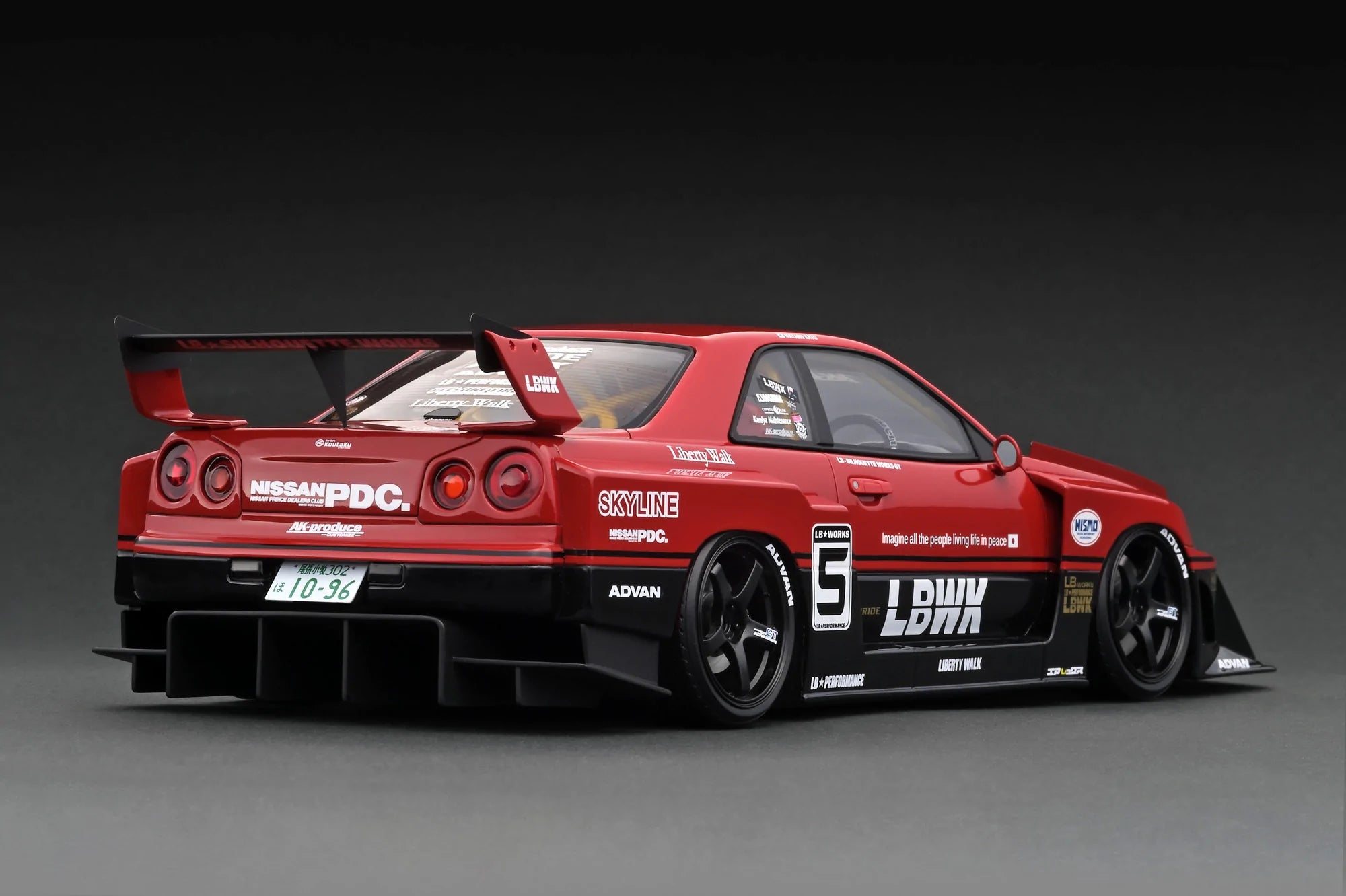 1:18 Scale Nissan Skyline ER34 LBWK Super Silhouette Diecast Model Car - Red & Black with Detailed Engine Display - Perfect for Collectors & Racing Enthusiasts