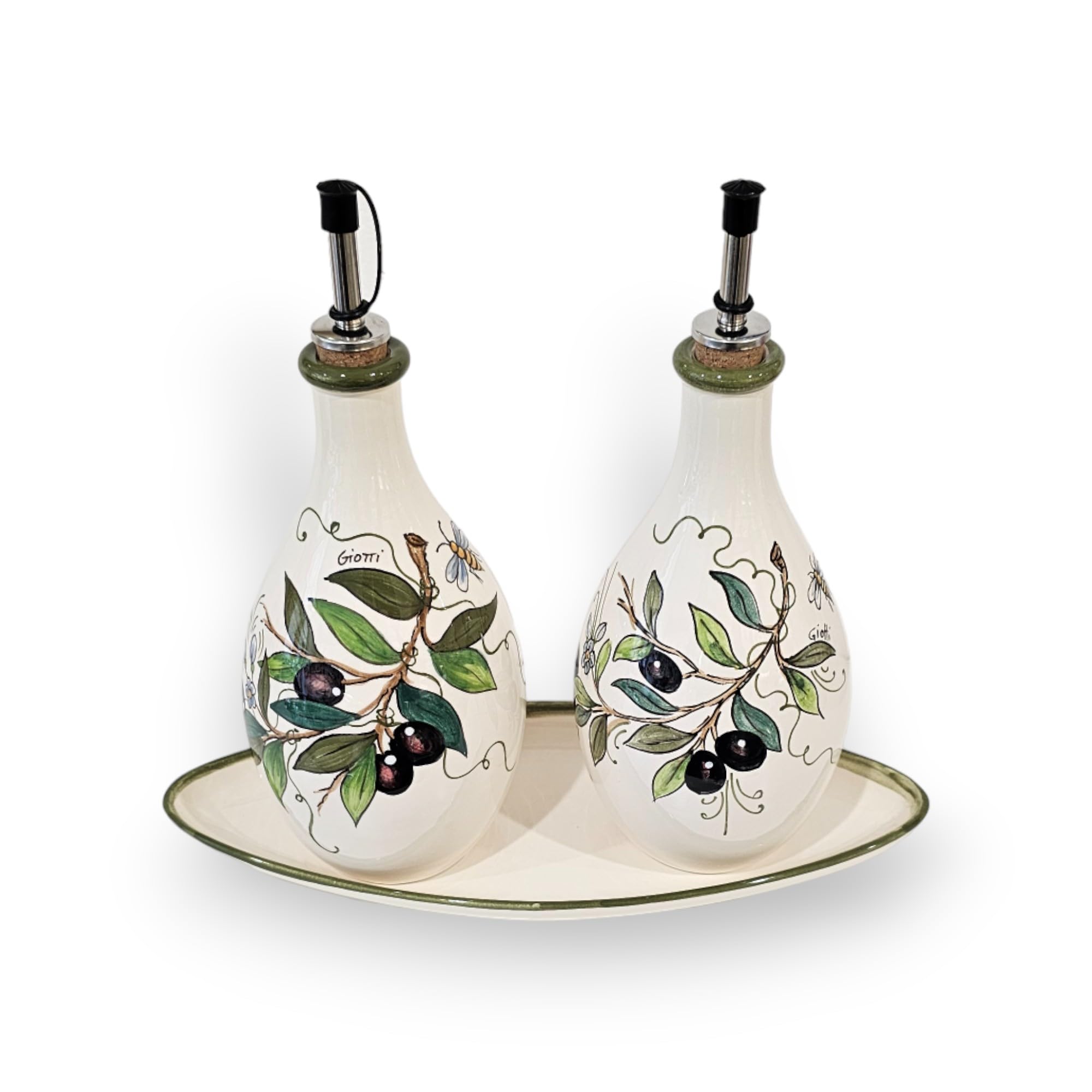 Italian Ceramic Oil and Vinegar Dispenser Set - 7 oz Hand-Painted Olive Design Kitchen Decor - Made in Tuscany, Italy - Elegant Pottery Bottles for Olive Oil & Balsamic - Perfect for Dining Tables, Countertops & Gift Giving