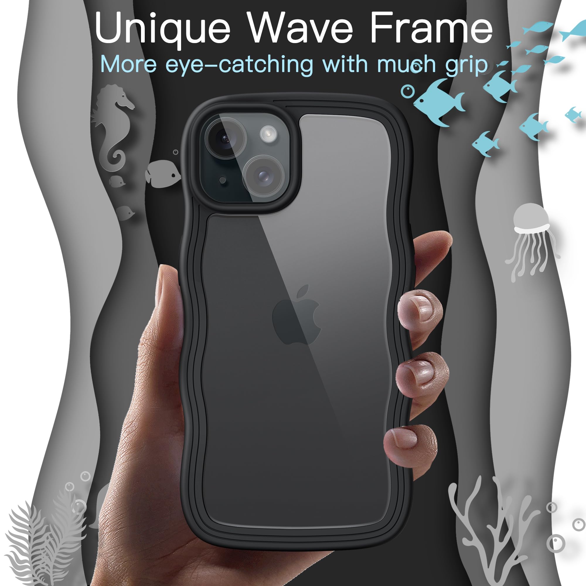 JETech Cute iPhone 15 Plus Case 6.7-Inch - Wave Frame Curly Design Shockproof Clear Hard PC Phone Cover for Women & Girls (Black) | Perfect for Everyday Protection & Style