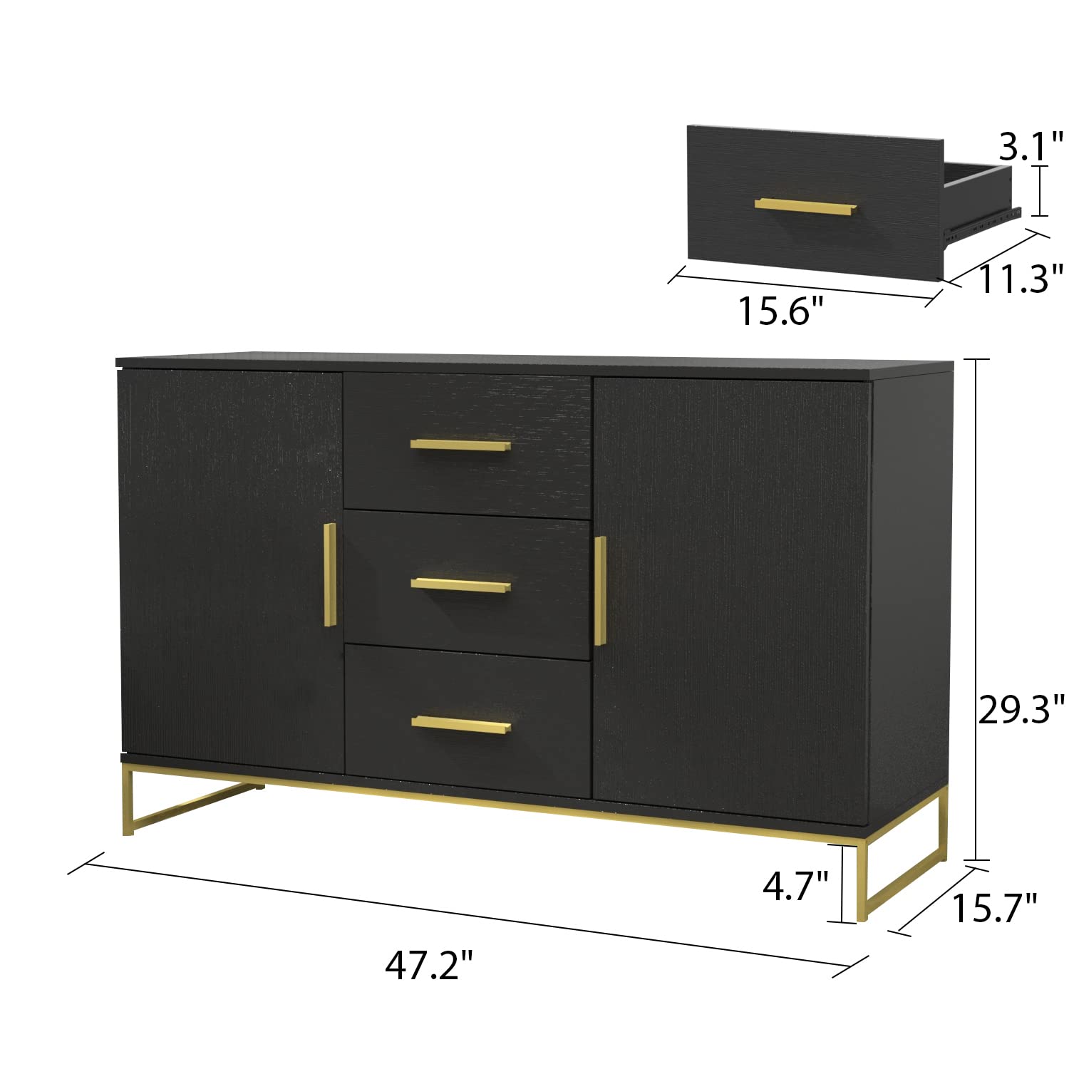 Modern Sideboard Buffet Cabinet with 3 Drawers & 2 Doors - Wood Storage Console with Metal Legs for Living Room, Dining Room & Entryway - Black (47.2