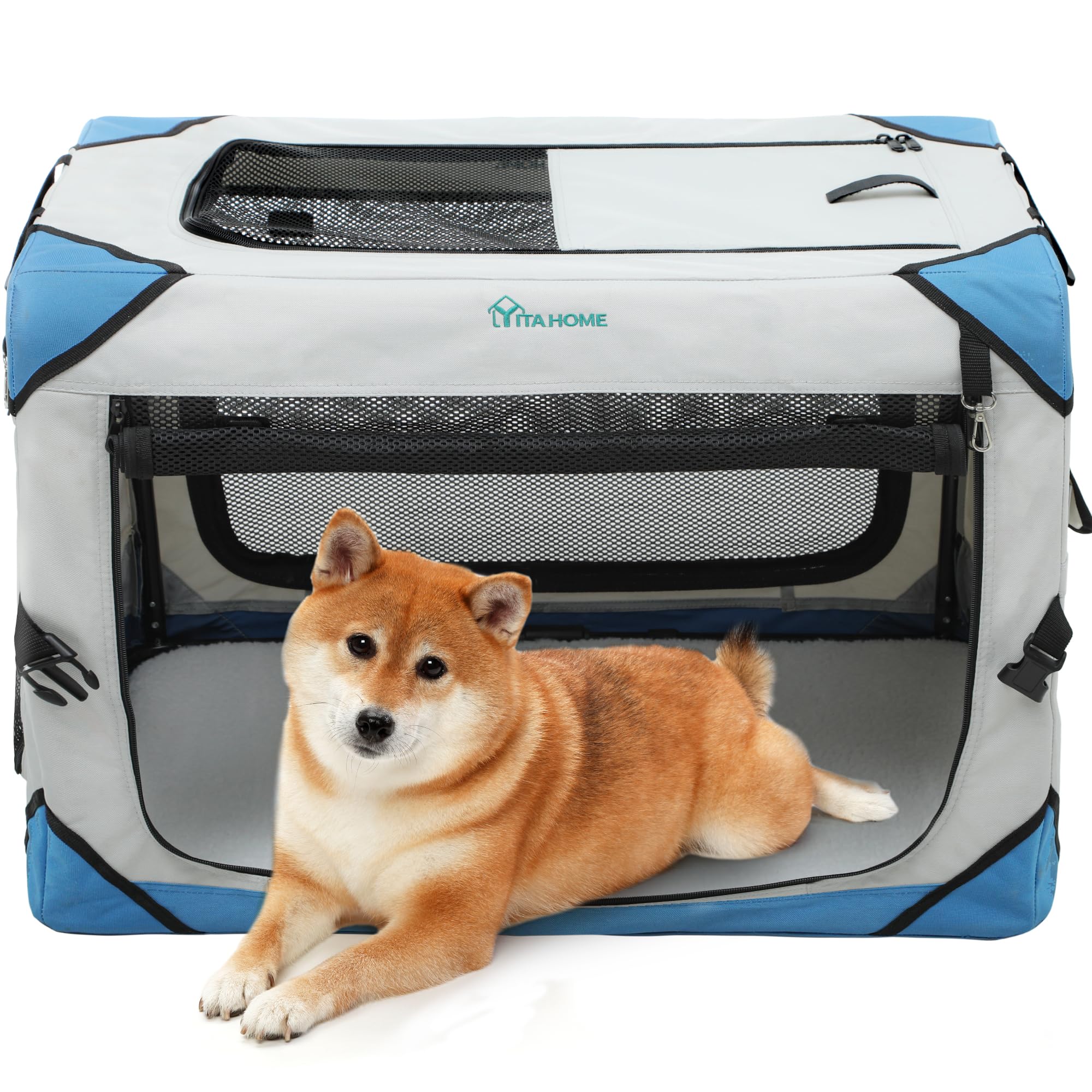 YITAHOME 4-Door Collapsible Dog Crate - Portable Travel Pet Kennel with Breathable Mesh & Soft Mat - Foldable Soft Dog Cage for Indoor Outdoor Use (30