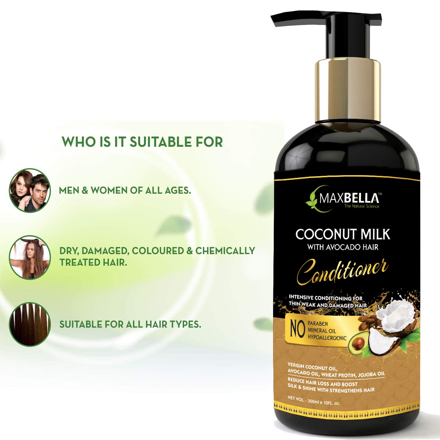 MAXBELLA® Coconut Milk & Avocado Hair Conditioner - Nourishing, Hydrating Treatment for Silky, Shiny & Strong Hair - Paraben & Mineral Oil Free - 300ml - Perfect for Daily Hair Care & Damaged Hair Repair (For Men & Women)